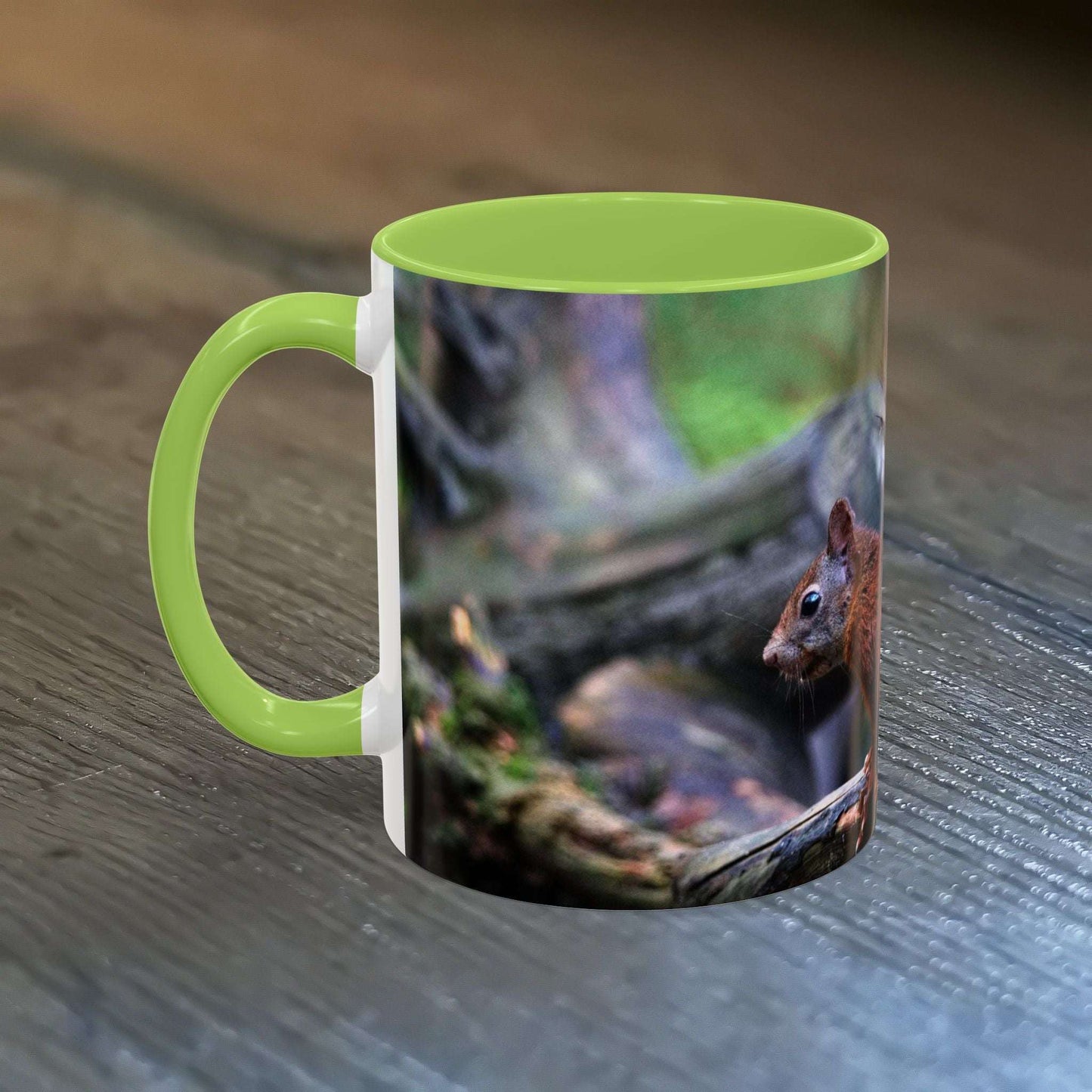 Cute Squirrel Coffee Mug with Rustic Design for Nature Lovers, Animal-Themed Green Interior