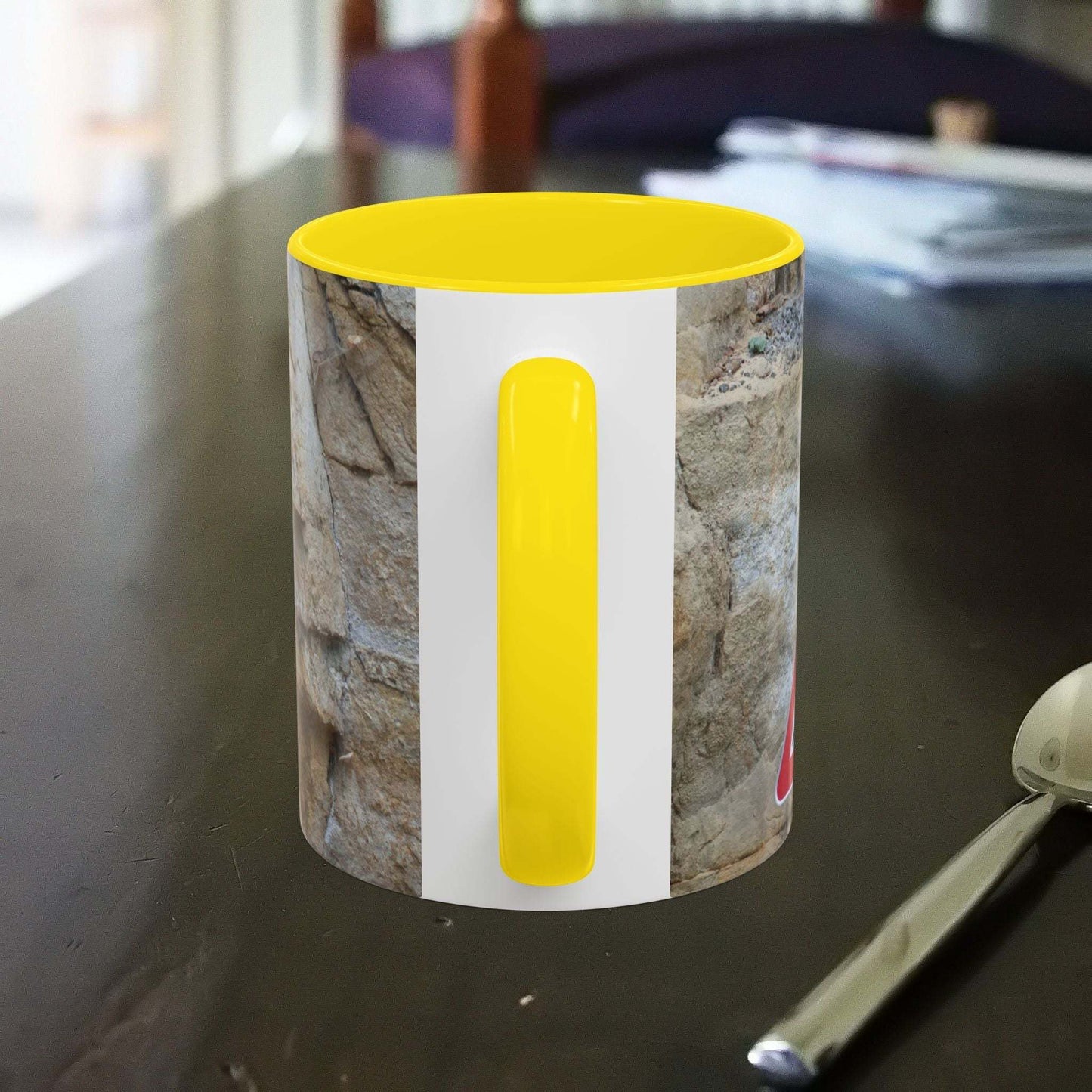 Rocky Mug with mountain design featuring danger of falling rocks, perfect for hikers and nature lovers.