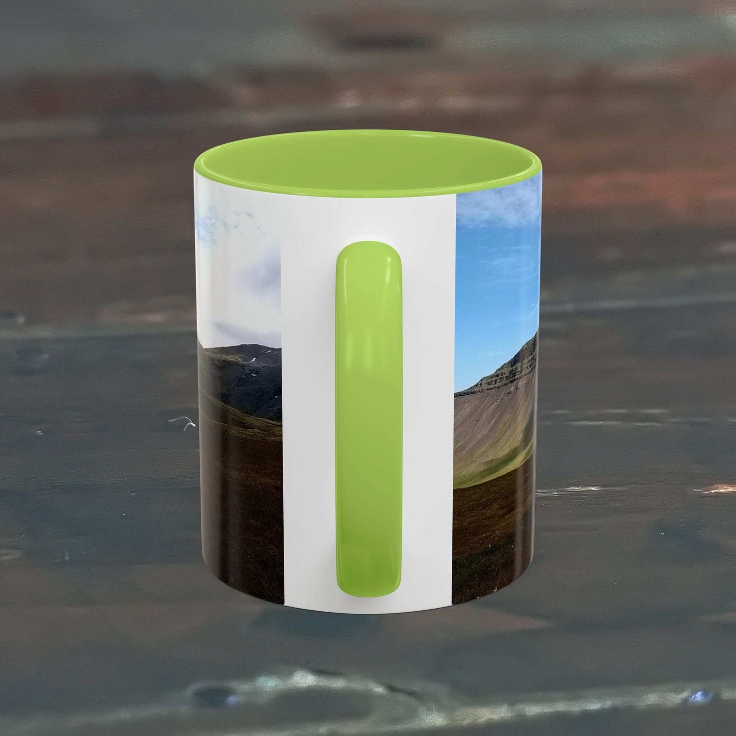 Iceland scenery coffee mug with vibrant colors and glossy finish.