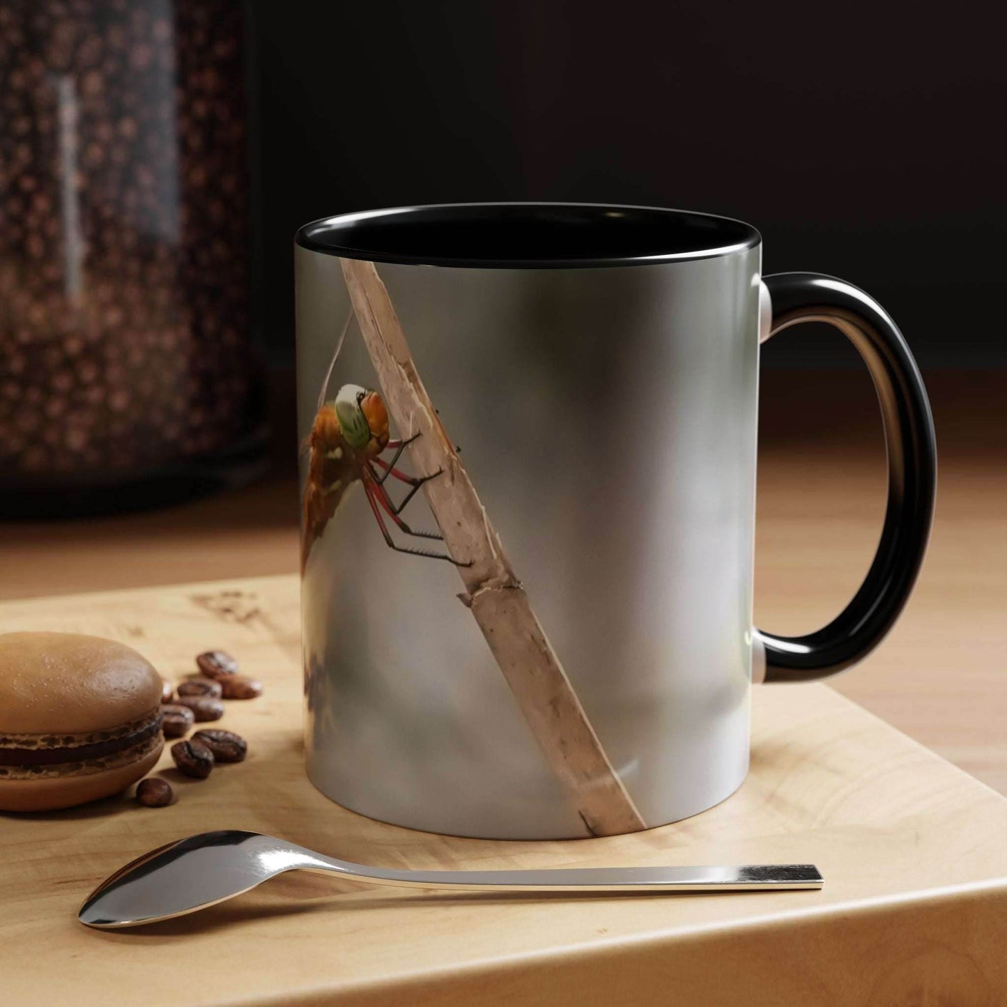 White ceramic mug with pretty dragonfly design, 11oz capacity.