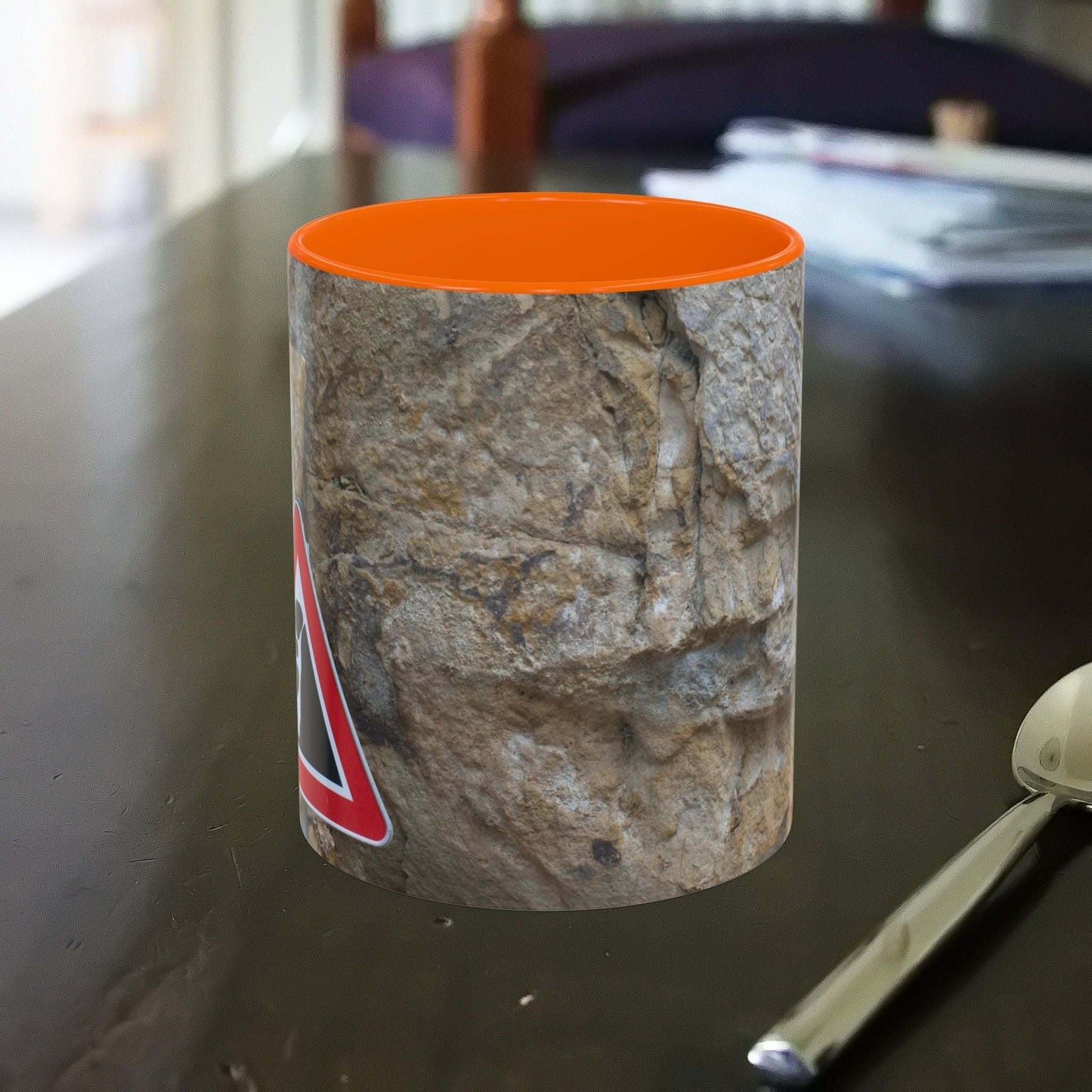 Rocky Mug featuring mountain lovers' design with falling rocks warning.