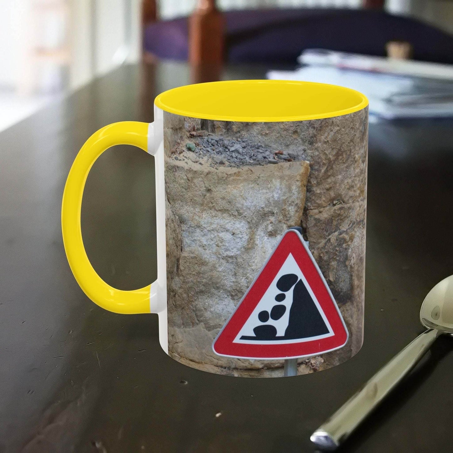 Rocky Mug with danger of falling rocks design, ideal for mountain and nature lovers.