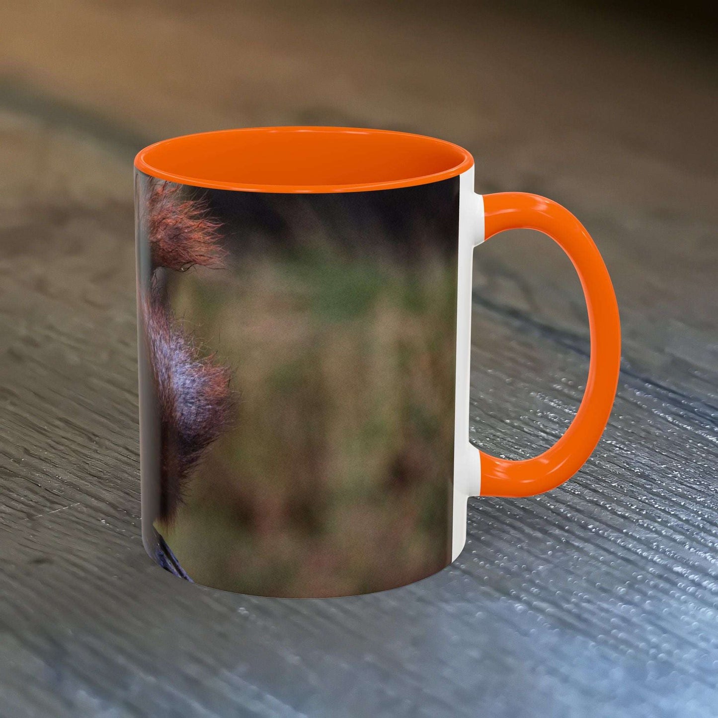Adorable squirrel ceramic mug with nature-inspired design, 11oz, orange interior and handle.