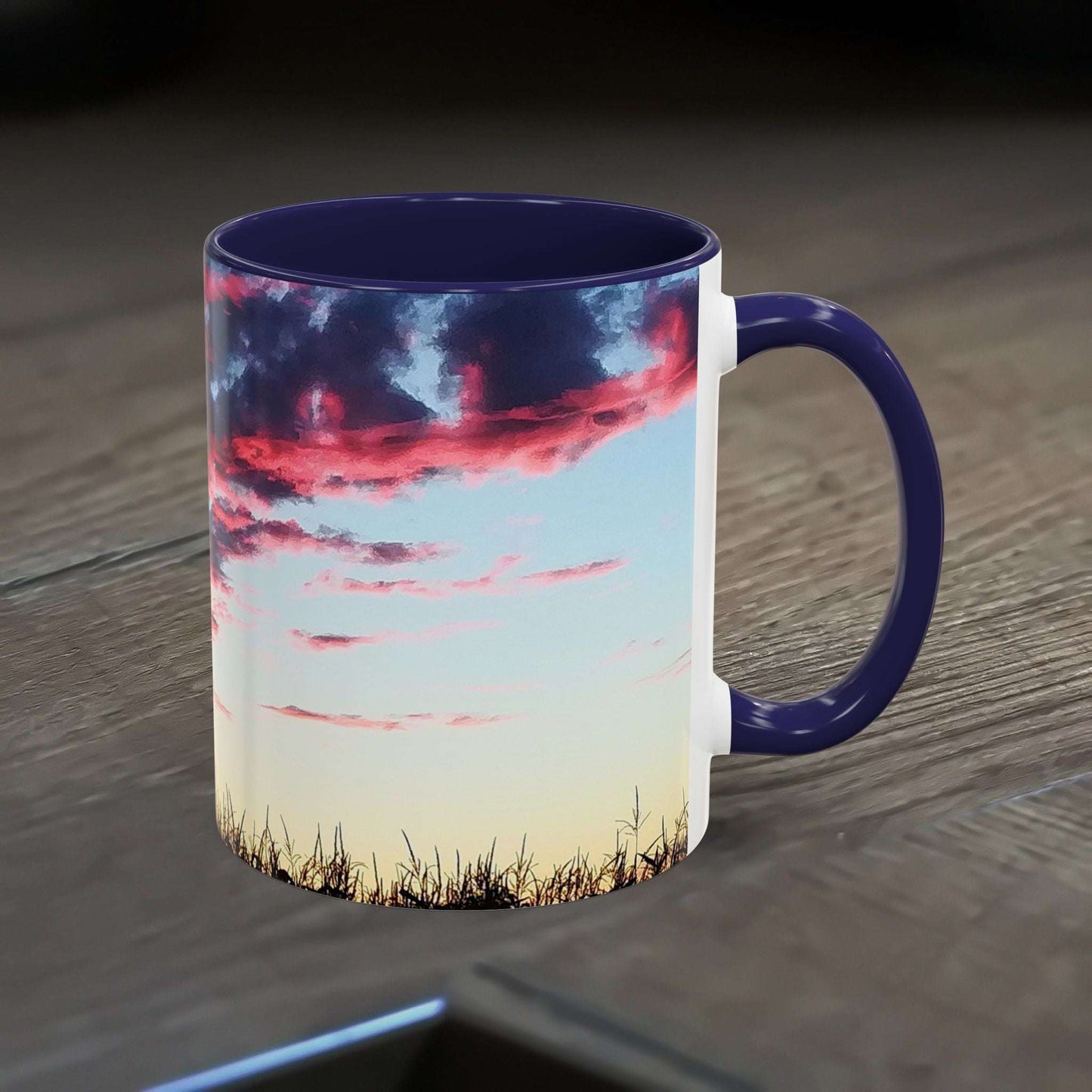 Vibrant Sunset Accent Coffee Mug with artistic design, perfect for nature lovers and colorful home decor.