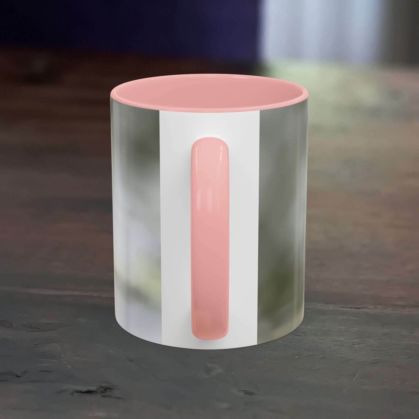 White ceramic mug with pretty dragonfly design, 11oz, pink handle and interior.