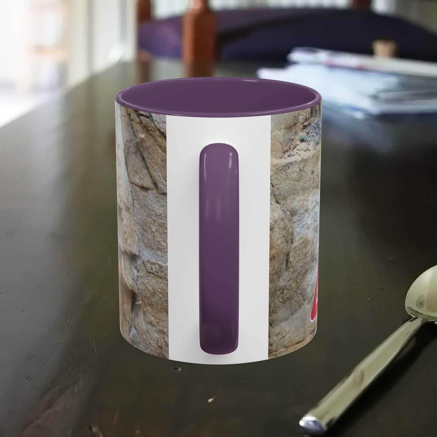 Rocky Mug featuring mountain design with falling rocks theme, perfect for outdoor enthusiasts.