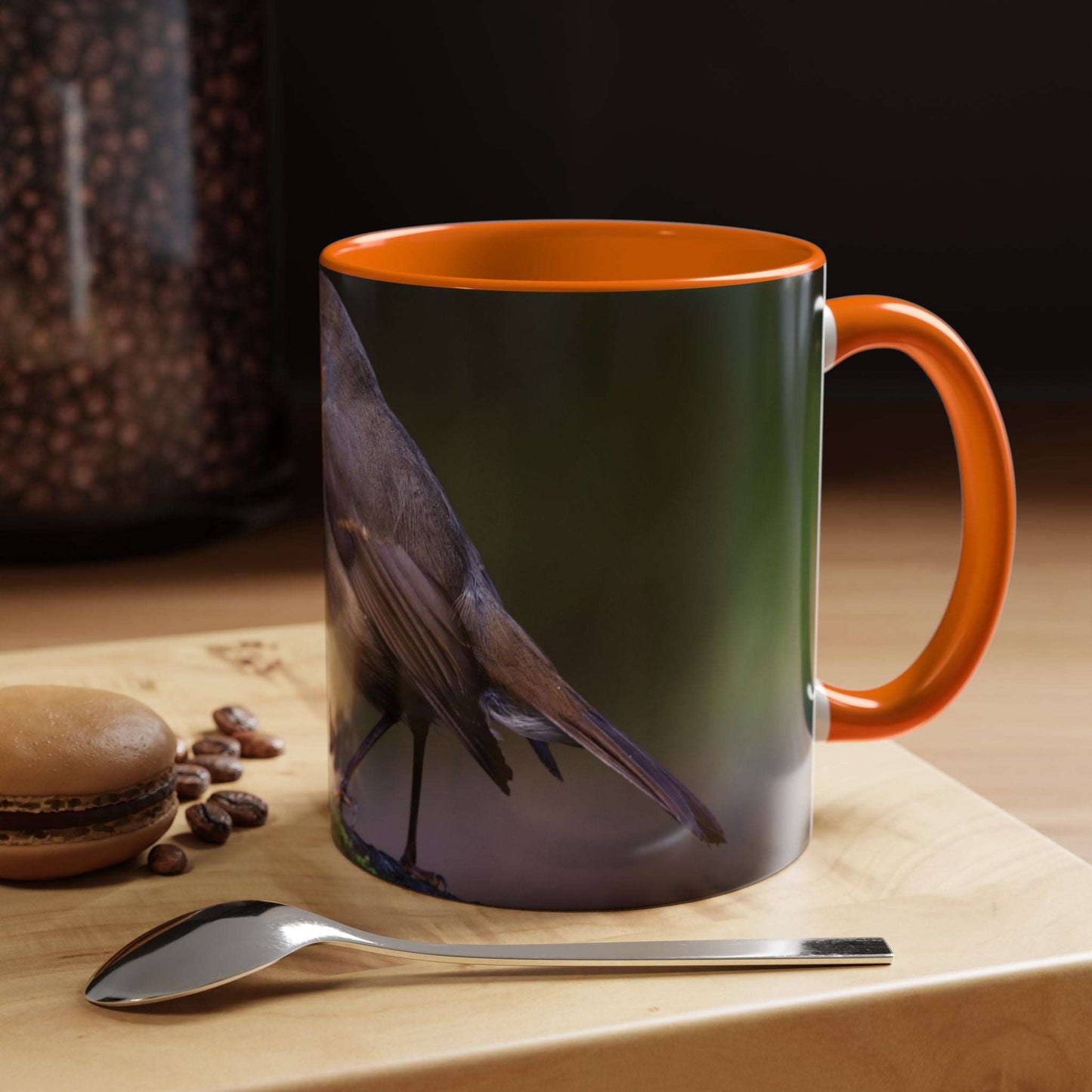 White ceramic 11oz Robin Mug with vibrant illustration, perfect for coffee or tea.
