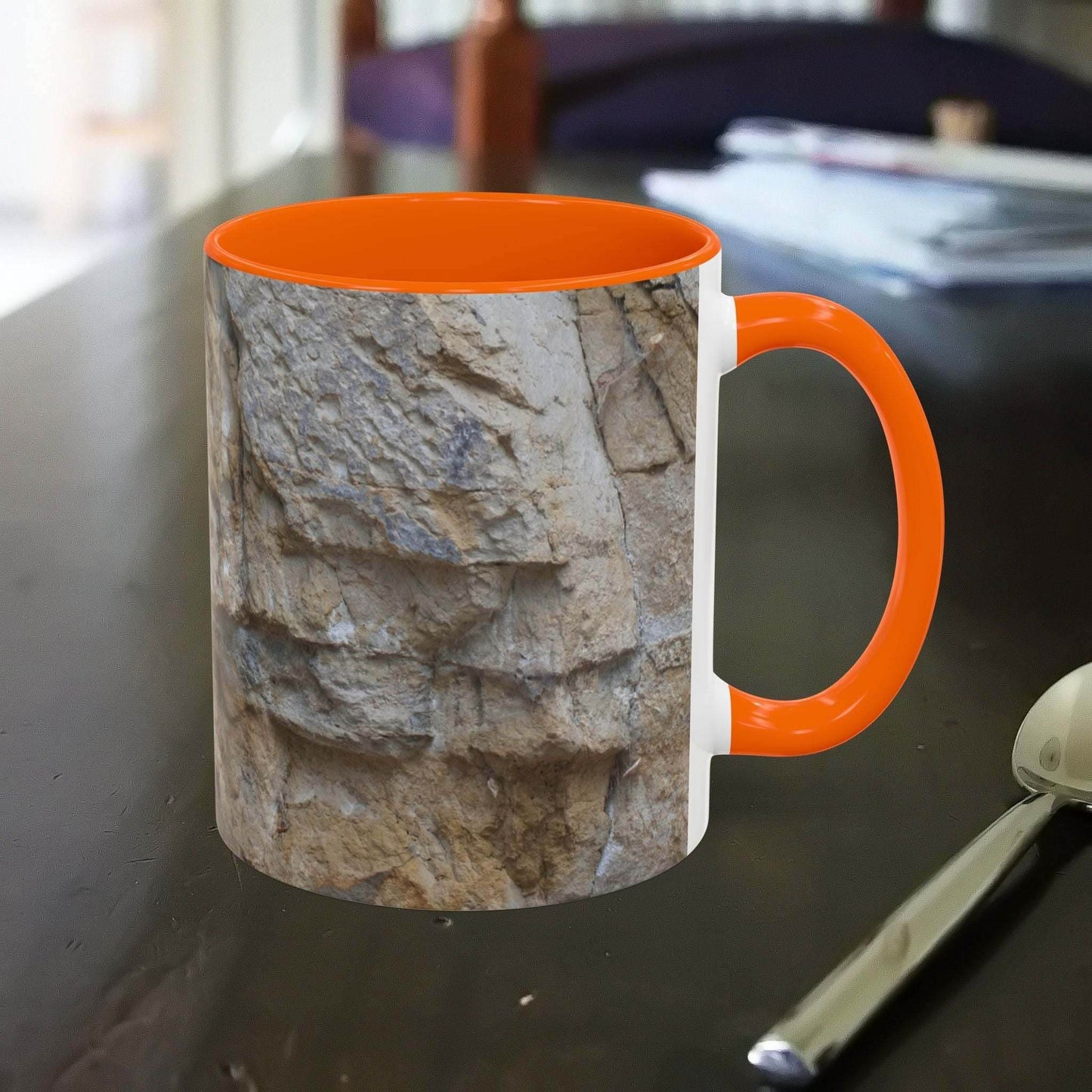 Rocky Mug with falling rocks design for mountain lovers.