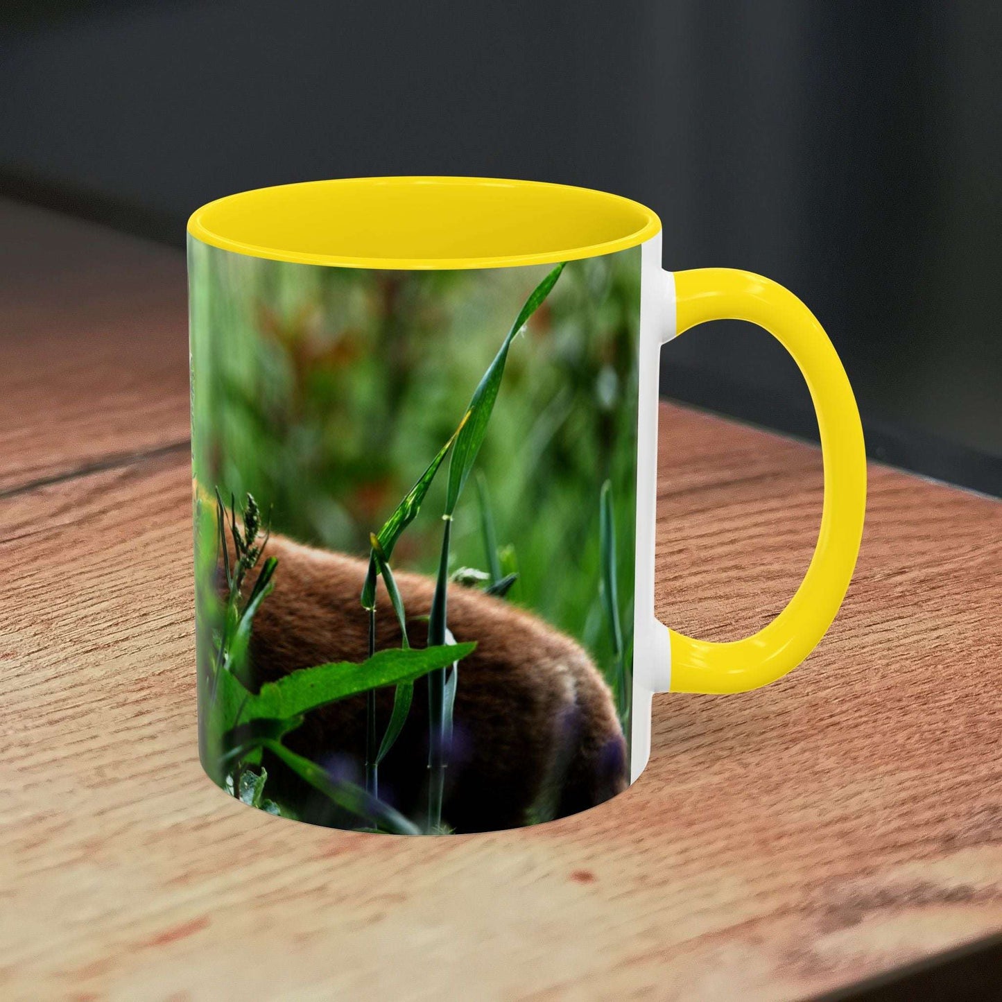 Fox-inspired accent coffee mug with nature design and yellow interior, perfect for wildlife decor and gifts.
