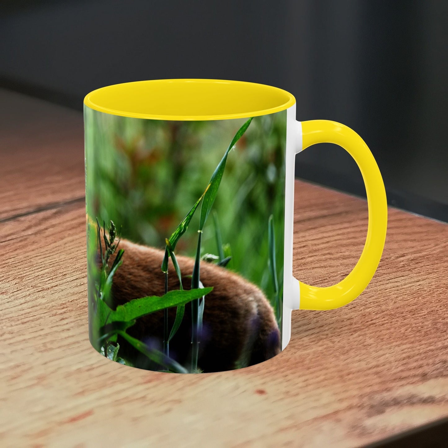 Wildlife Fox Ceramic Mug with forest design and yellow handle, 11oz capacity.