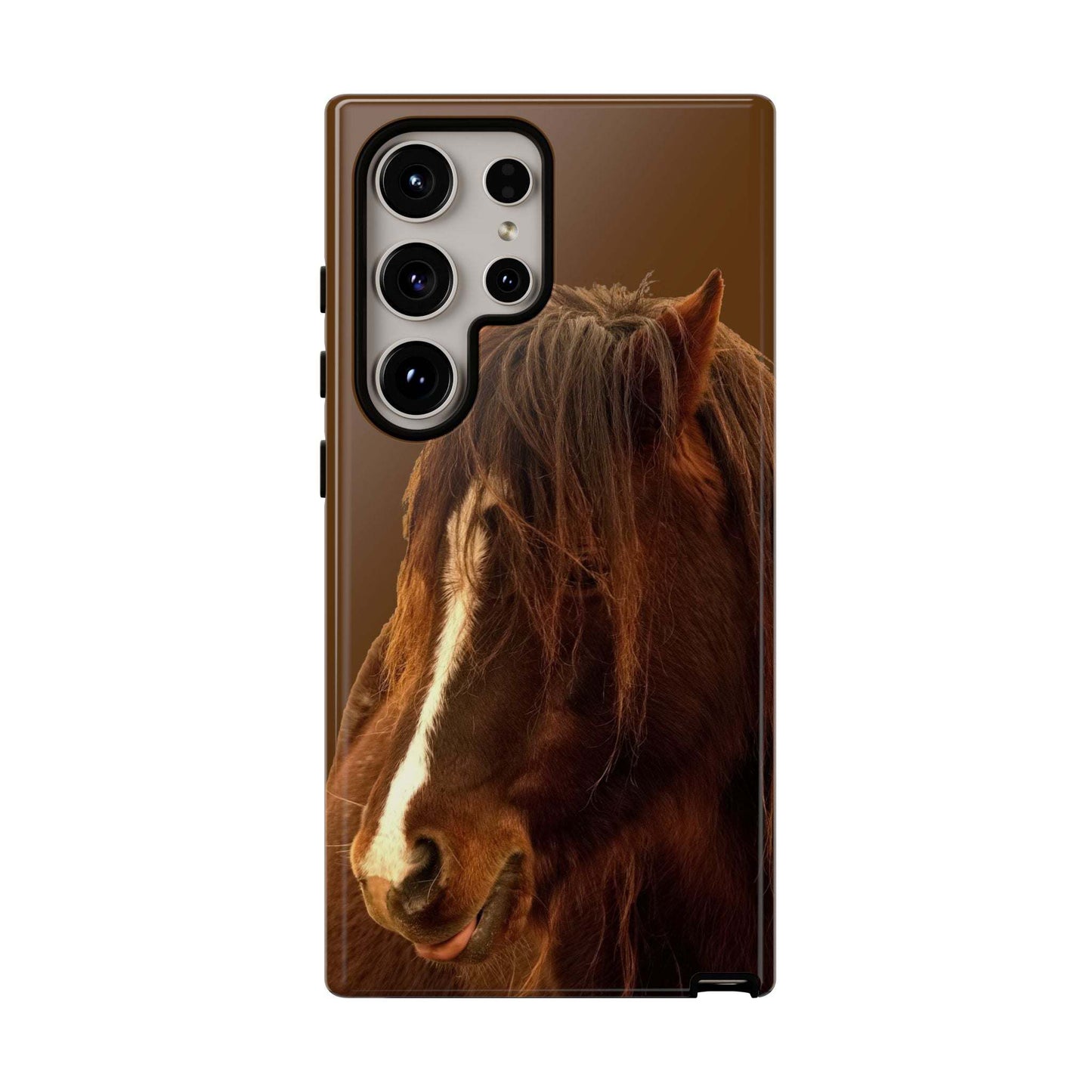 Protective phone case for horse lovers with detailed horse image, durable materials, shock absorption, and wireless charging support.