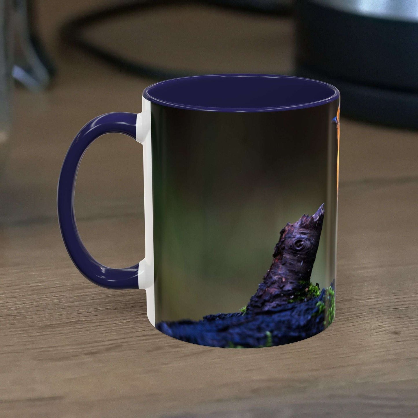 White ceramic 11oz mug featuring a vibrant robin illustration, perfect for nature lovers.