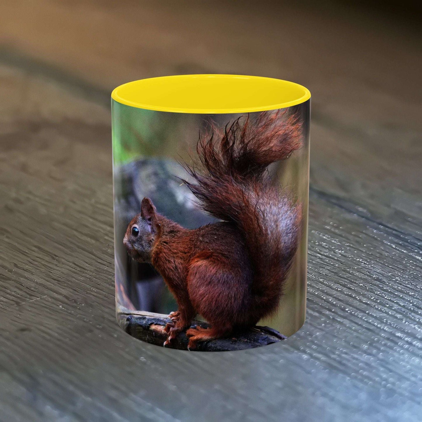 Adorable Squirrel Ceramic Mug with vibrant squirrel illustration, nature-inspired design, 11oz capacity.