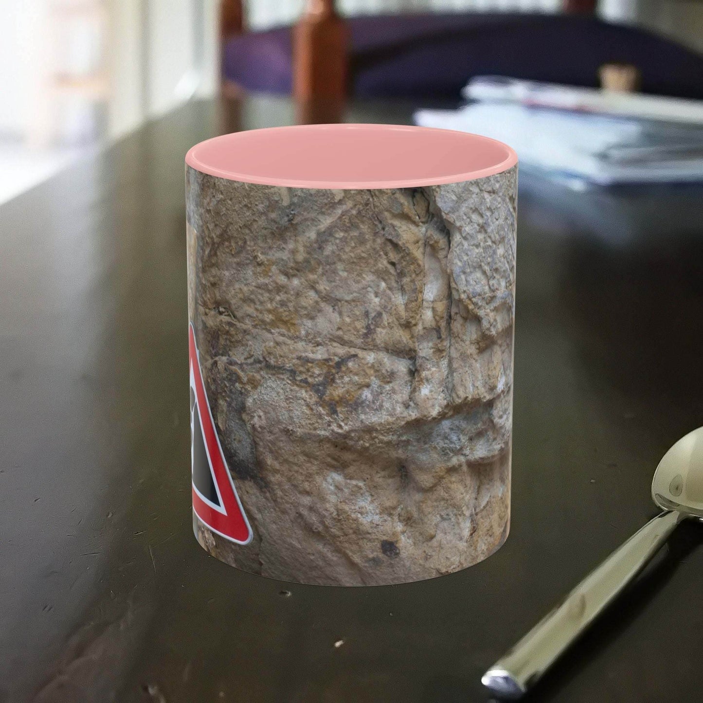 Rocky Mug with falling rocks design for mountain lovers.