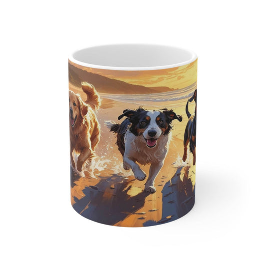 Mug - Running Dogs on the Beach at Sunset Ceramic Coffee Cup - A Pretty Print
