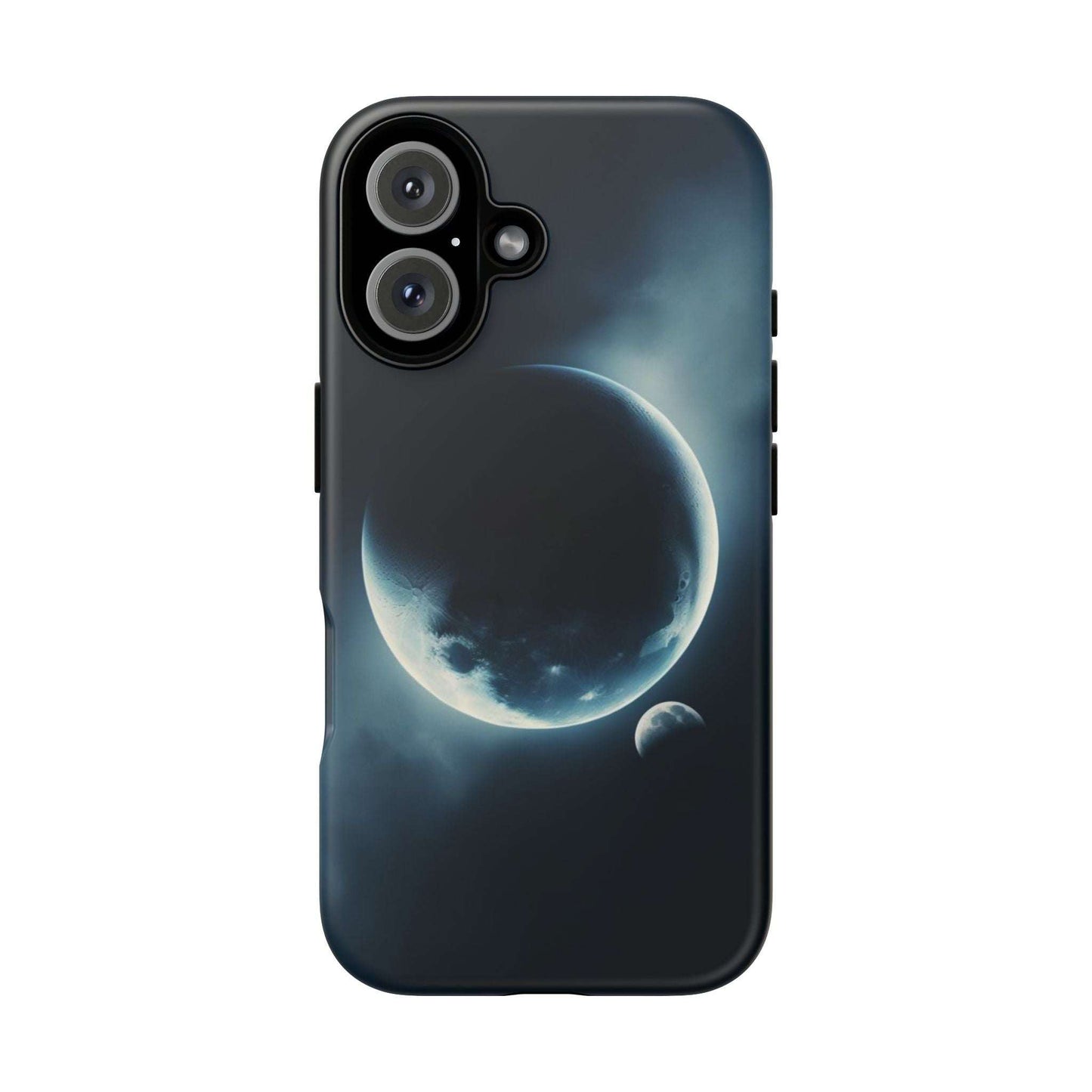 Space-themed phone case featuring Earth and Moon design with durable protection.