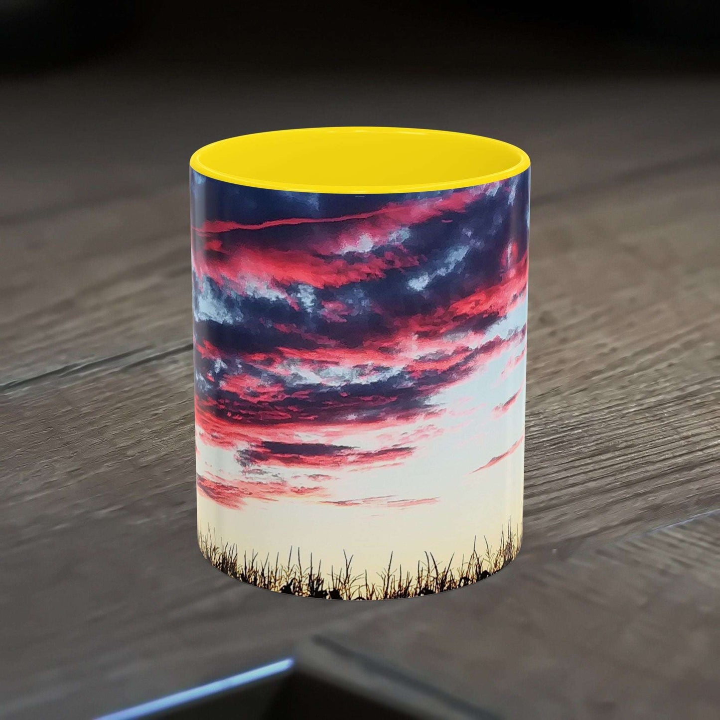 Sunset Accent Coffee Mug with artistic nature design and vibrant colors.