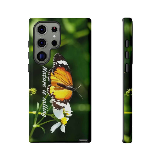 Nature-inspired tough phone case with butterfly design, showcasing "Nature is Calling" text.