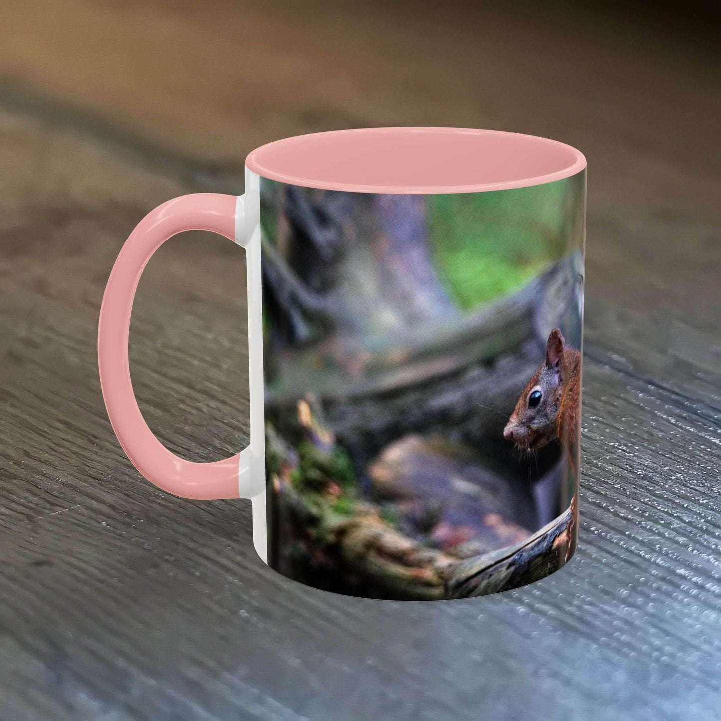 Cute squirrel coffee mug with a pink rim, perfect gift for nature lovers.