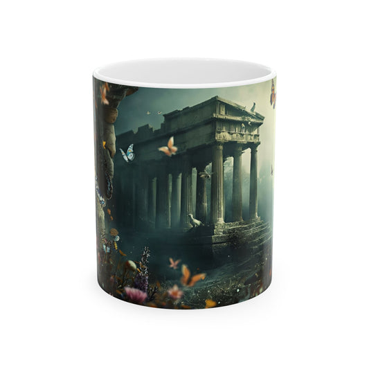 Mythic Garden Ceramic Mug — Ancient Ruins, Dear & Butterfly Floral Coffee Cup (11oz/15oz)