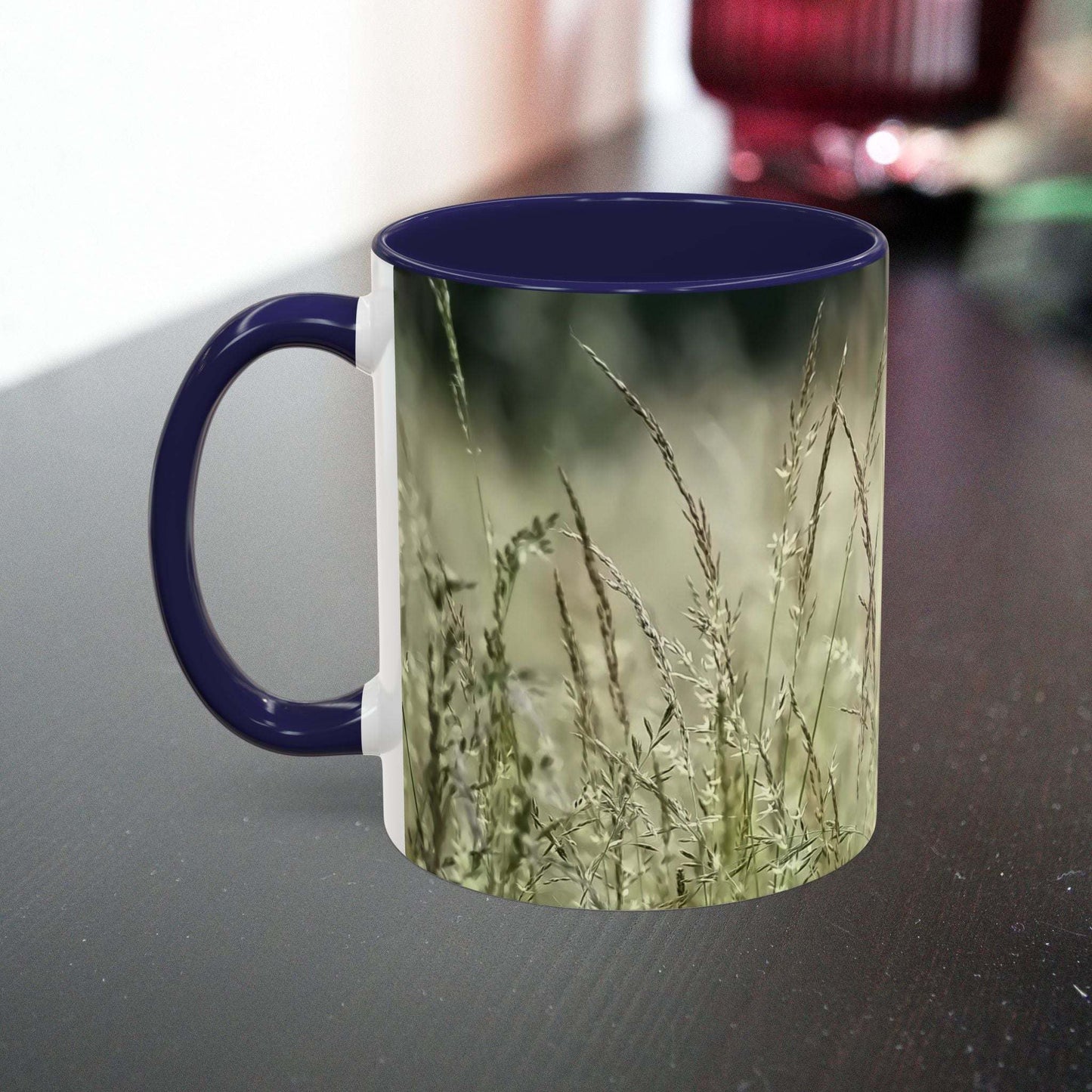 Ceramic mug with flowering grass design, ideal for nature enthusiasts and serene vibes.