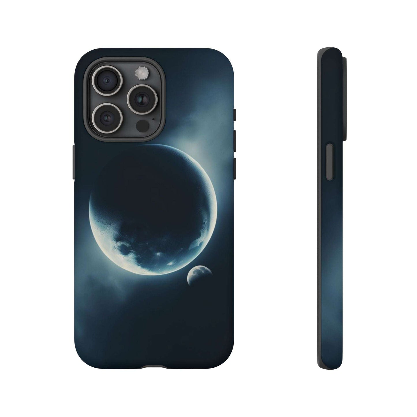Space-themed phone case with Earth and Moon design, durable and impact-resistant.
