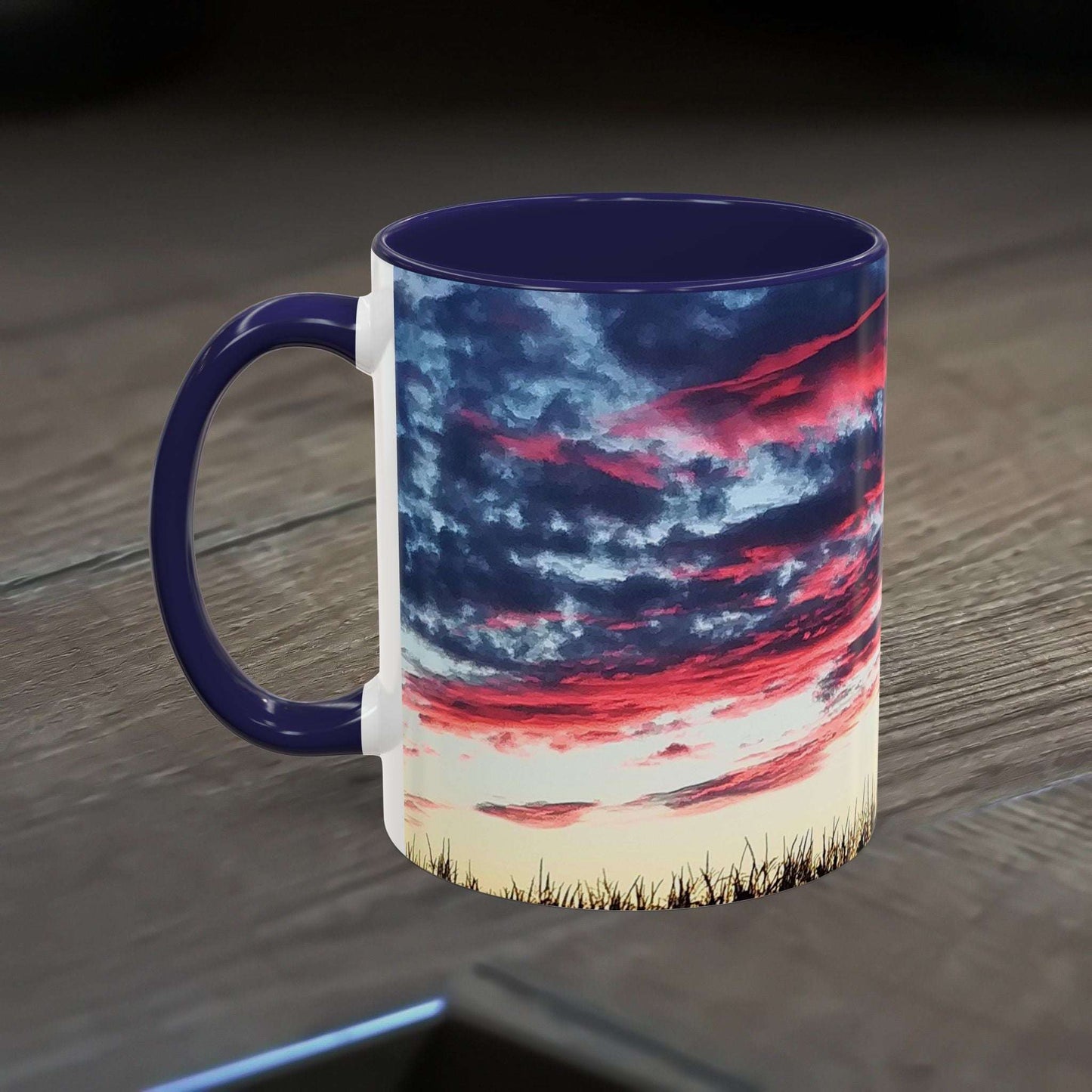 Sunset Accent Coffee Mug with vibrant nature design, 11oz, glossy finish, and C-shaped handle.