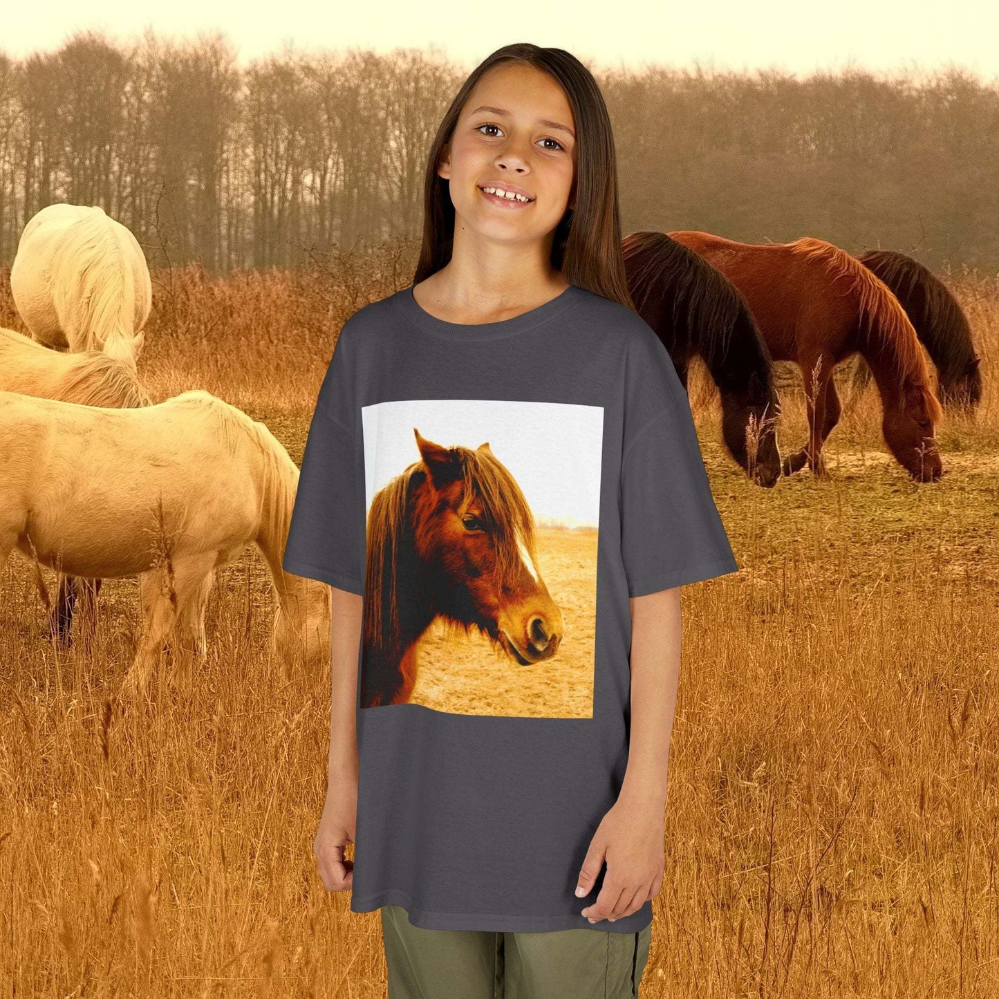 Kids Tee with horse print, comfortable and durable for active children.