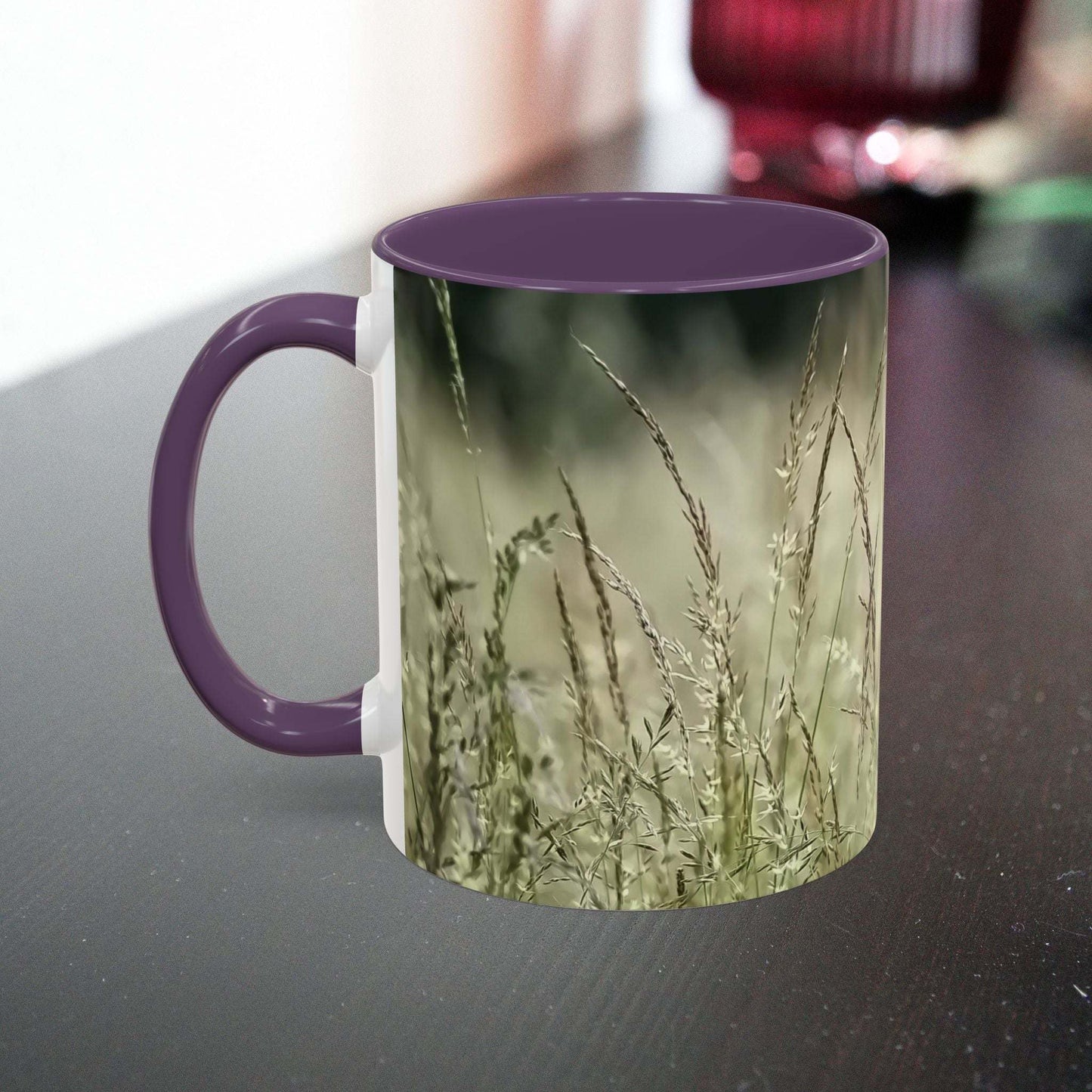 Ceramic mug with flowering grass design, perfect for nature lovers.