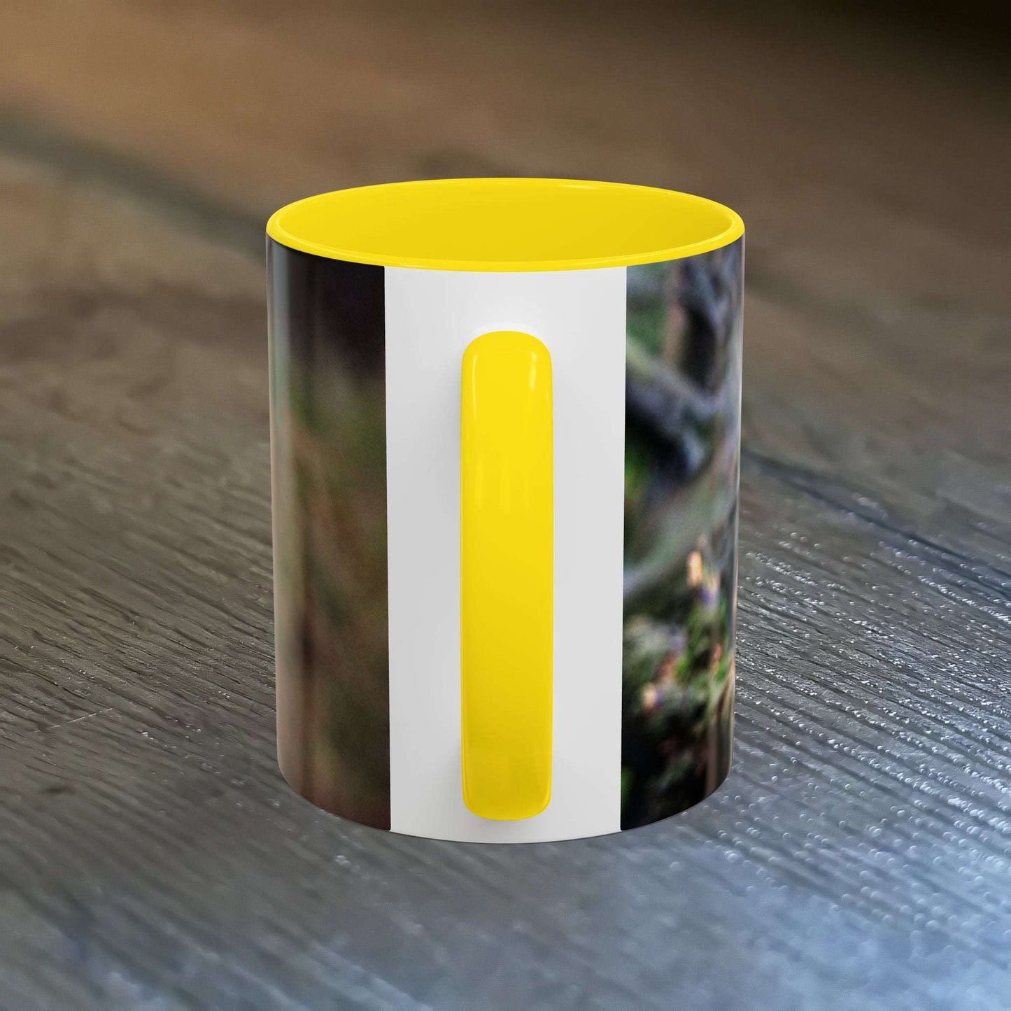 Adorable Squirrel Ceramic Mug with yellow interior and woodland design.