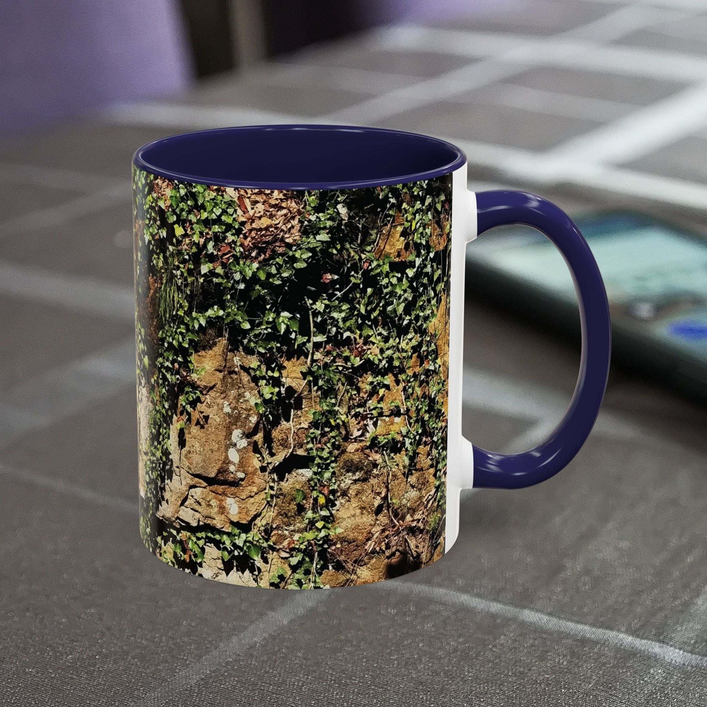 Overgrown rocks adventure mug with an outdoorsy design ideal for nature lovers.