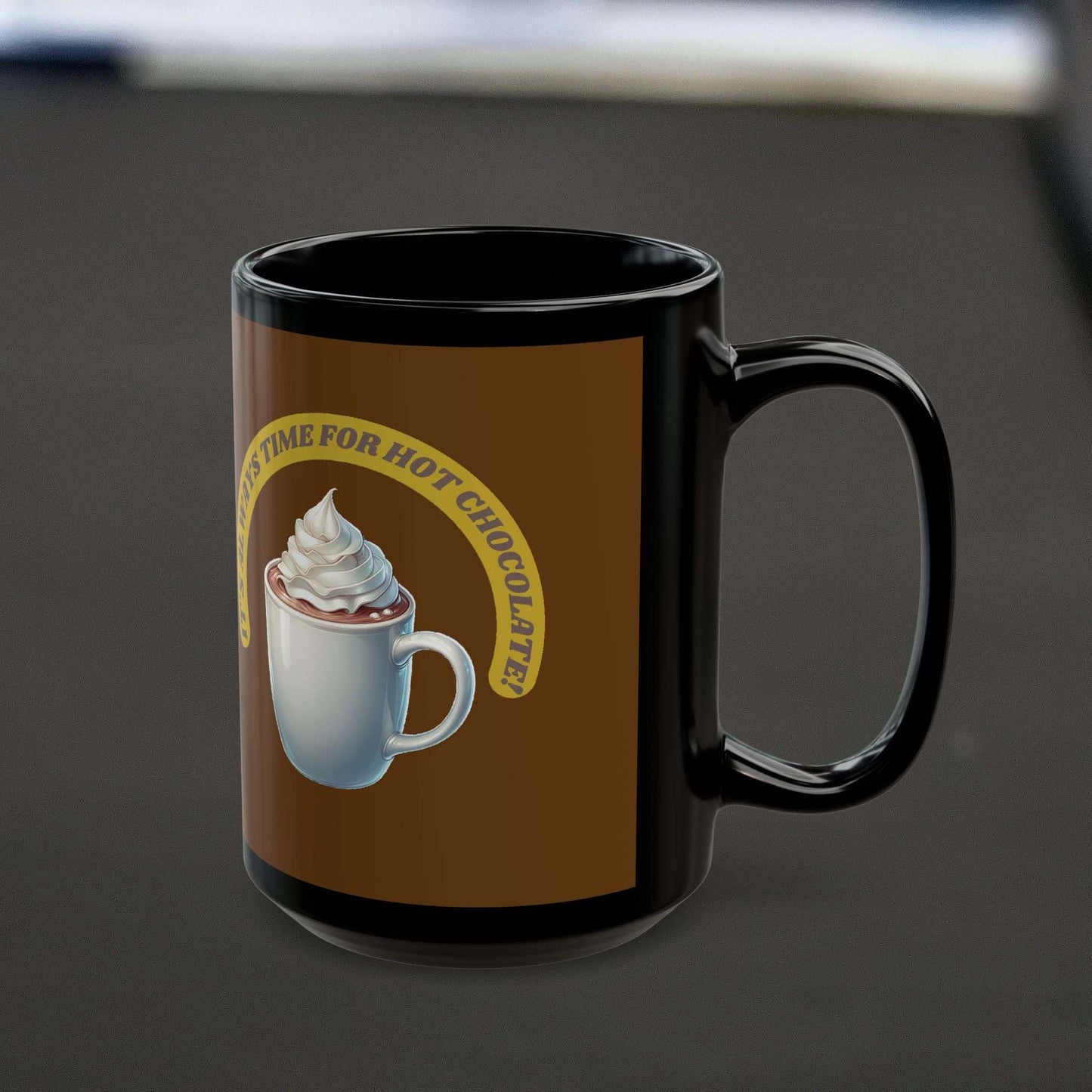 Black ceramic mug with hot chocolate design, glossy finish, available in 11oz and 15oz sizes.
