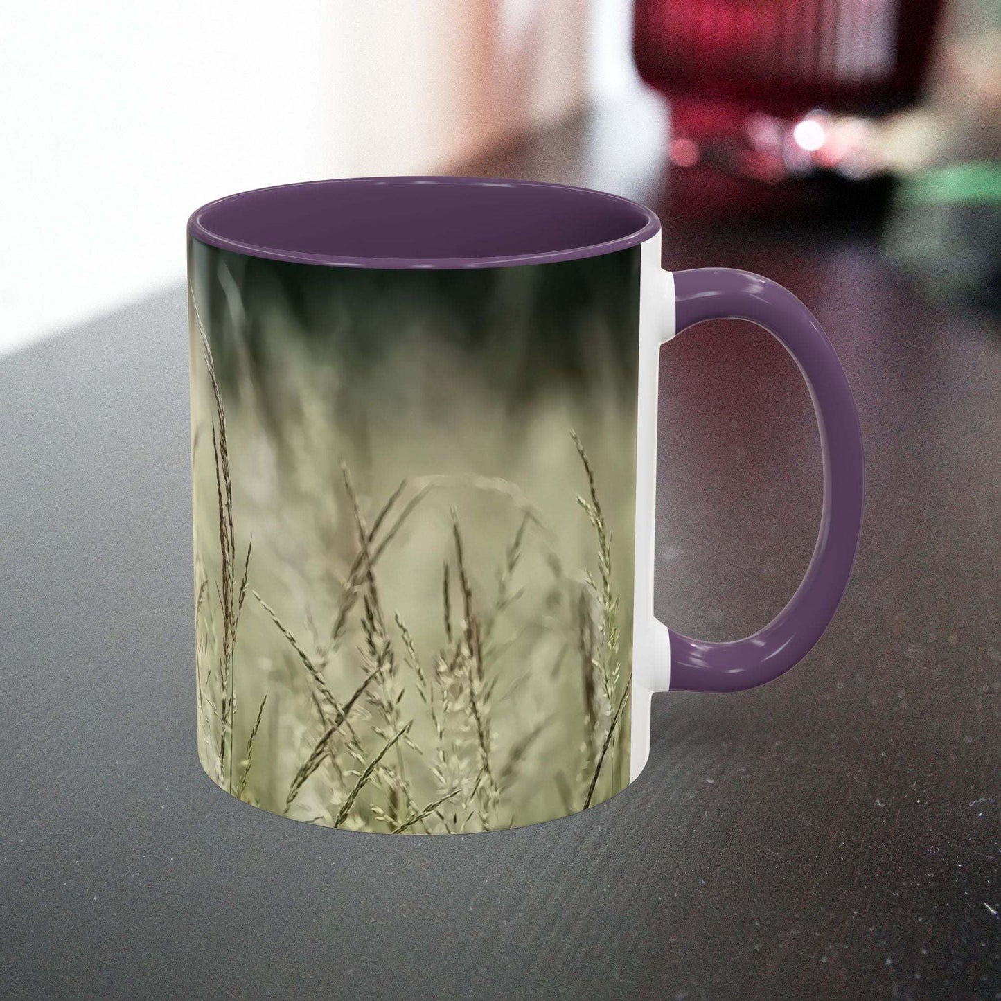 Ceramic mug with flowering grass design, perfect for nature lovers.