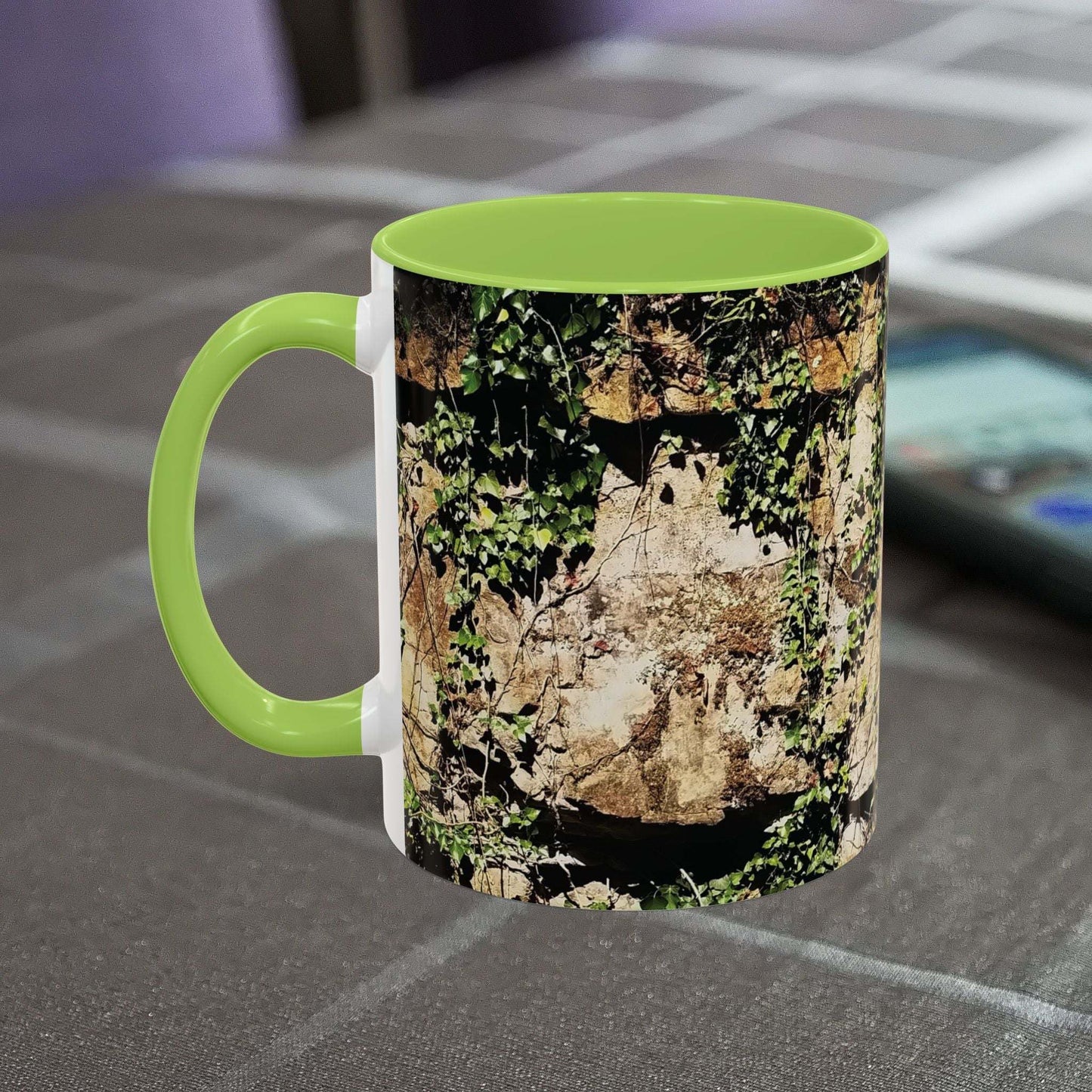 Overgrown rocks adventure coffee mug with nature design.