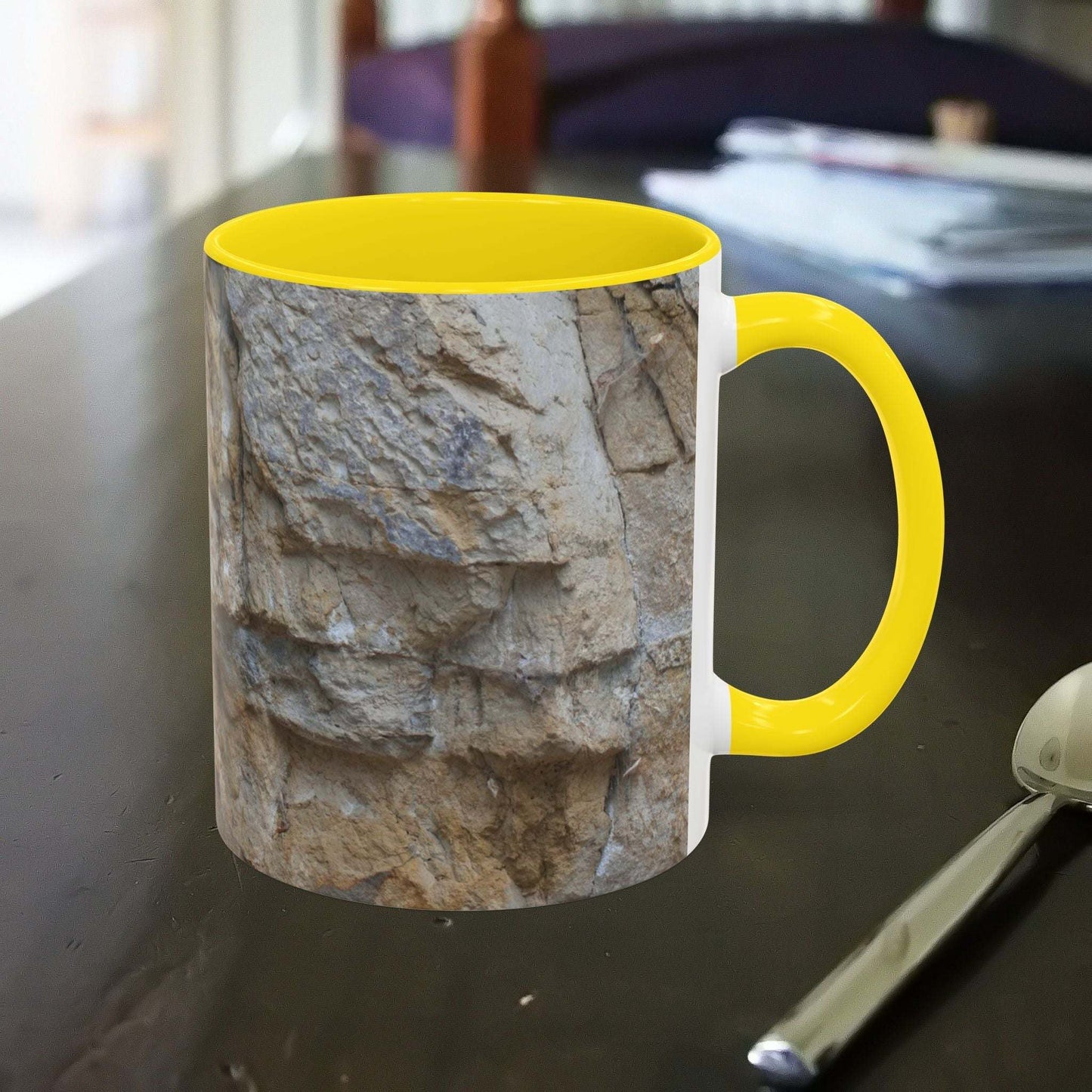 Rocky Mug with rugged mountain design featuring falling rocks, perfect for outdoor enthusiasts.