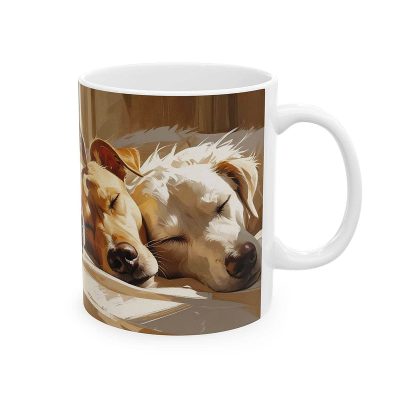 Premium 11oz companion restfulness mug portraying four endearing sleeping felines, an ideal comforting gift for animal enthusiasts.