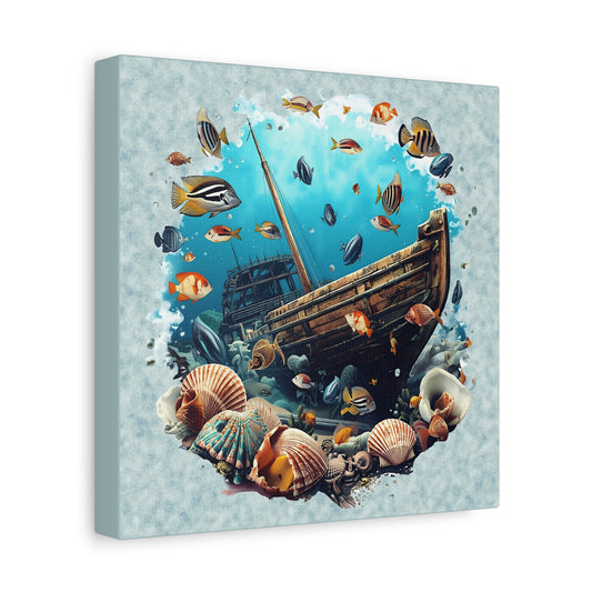 Sunken Ship Ocean Canvas Wall Art — Underwater Fish & Seashell Print