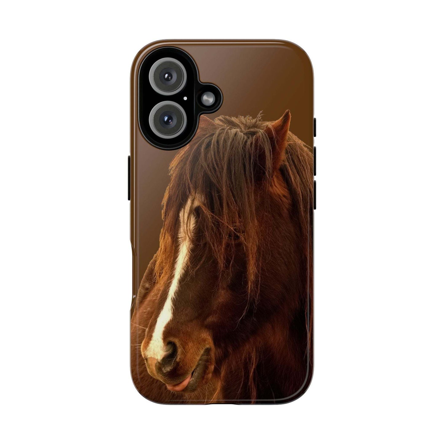 Protective phone case for horse lovers with durable design, showcasing a horse image, shock absorption, and UV protection.