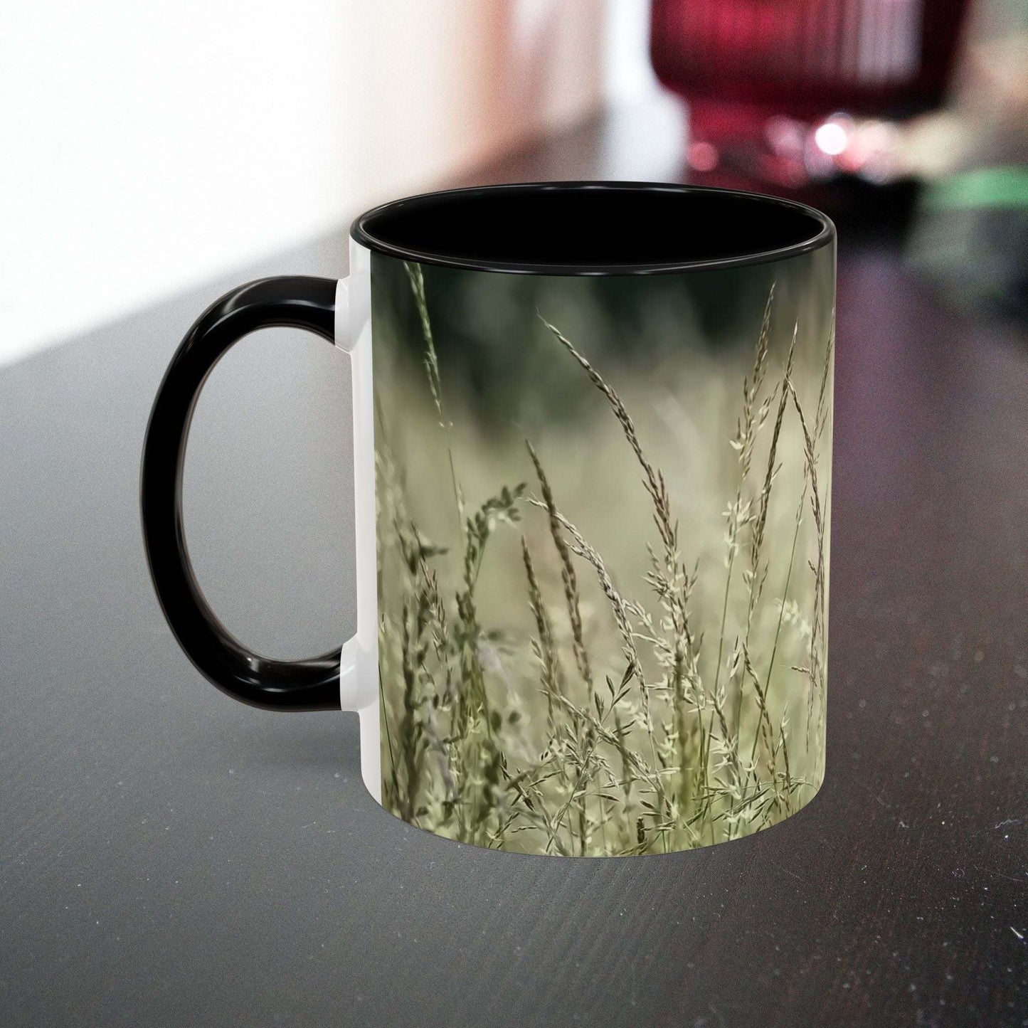 Ceramic mug with flowering grass design, ideal for nature lovers and garden enthusiasts.