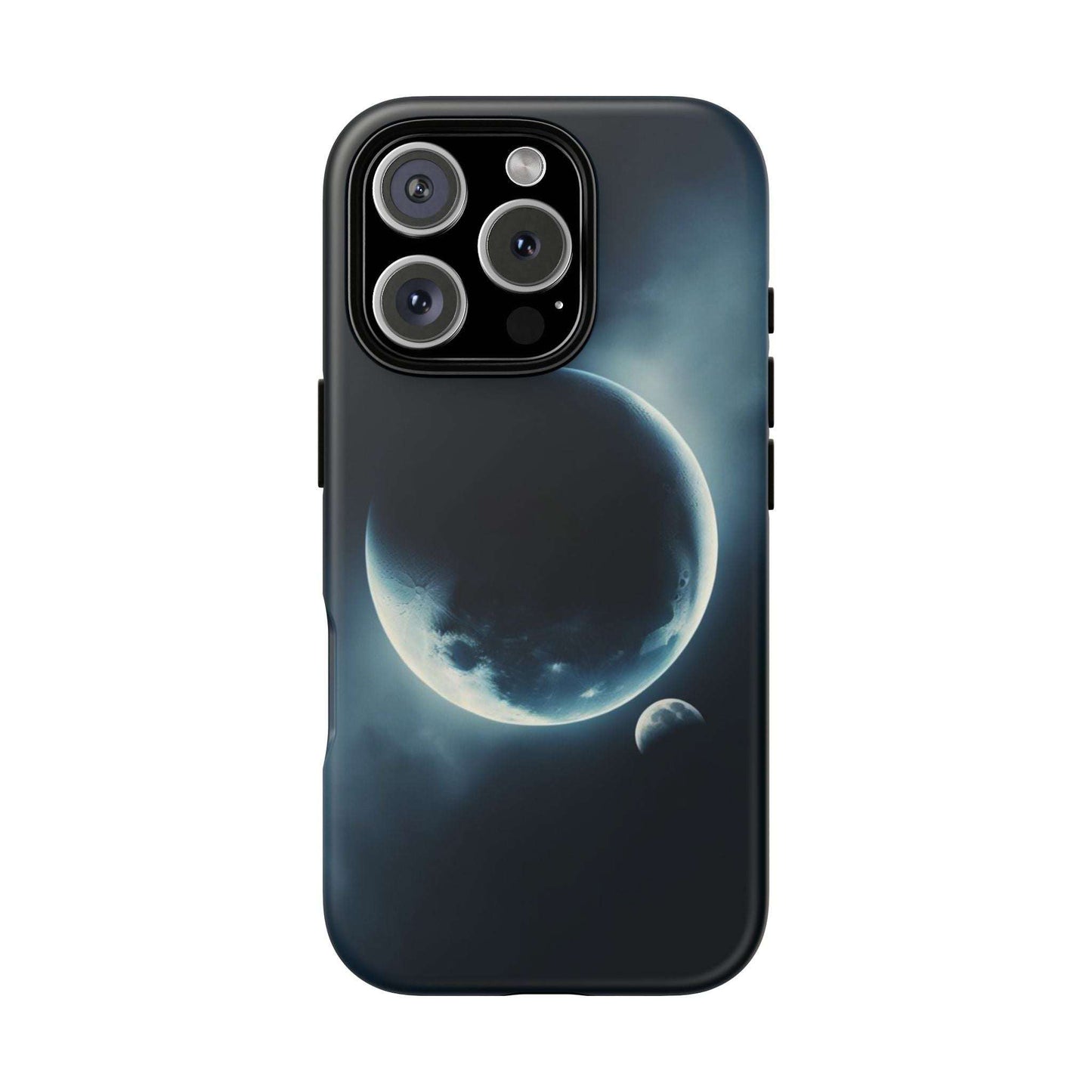 Space-themed phone case with Earth and Moon design, impact-resistant, ideal for adults.