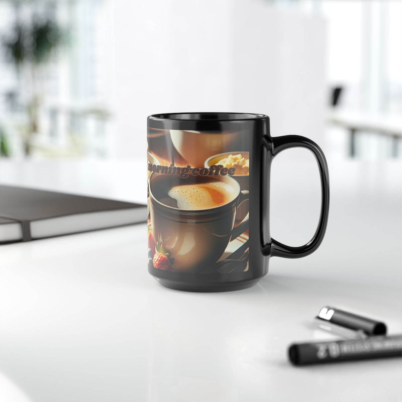 Microwave and dishwasher safe 15oz black ceramic mug adding charm and elegance to your kitchen workspace decor.