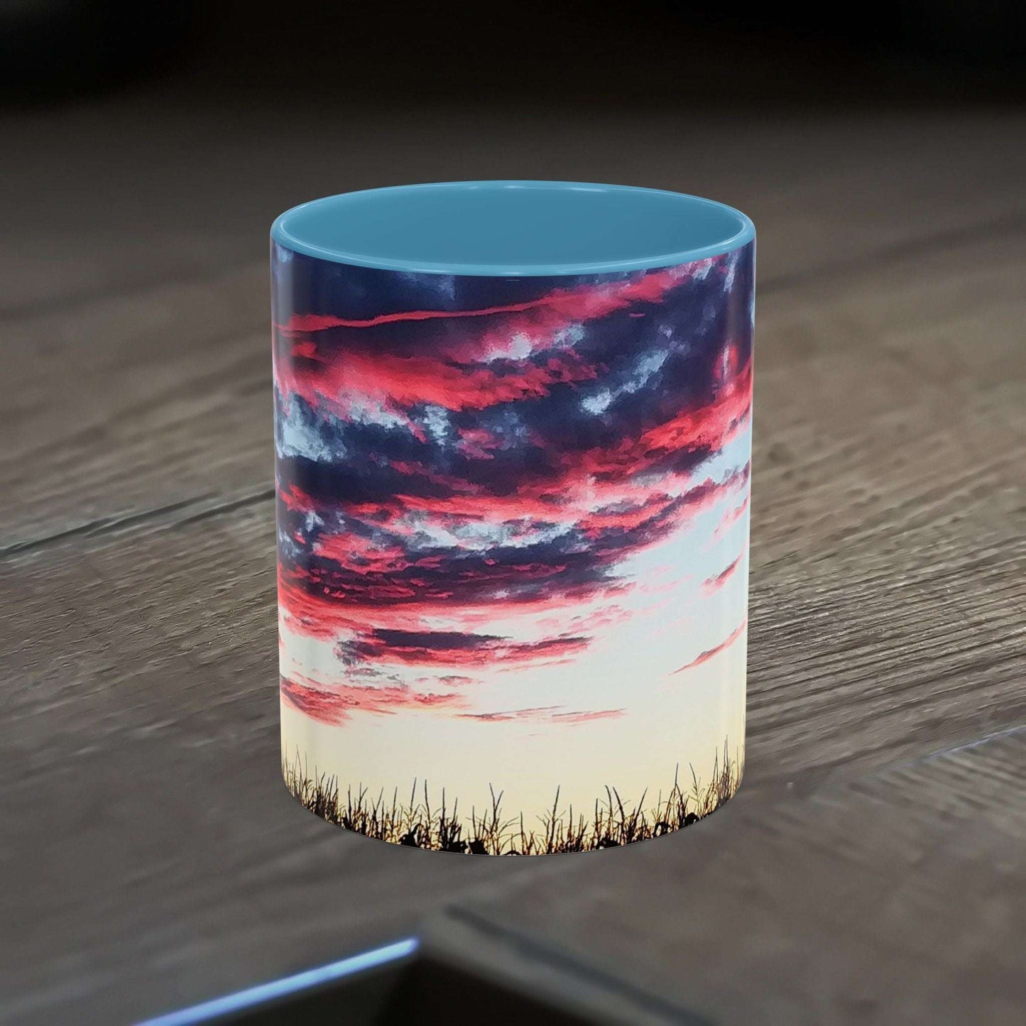 Sunset Accent Coffee Mug with vibrant colors and glossy finish, perfect for nature lovers and coffee enthusiasts.