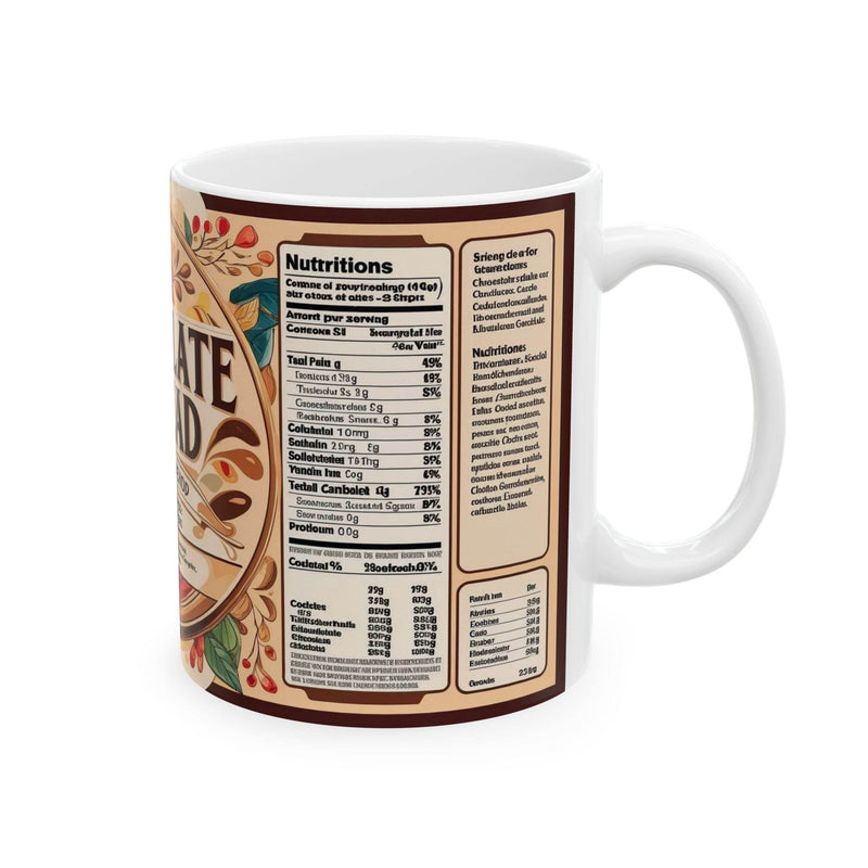 Premium 11oz sweet themed Mug - Chocolate Spread Design Ceramic Coffee Mug filled with warm morning coffee on a dining table.