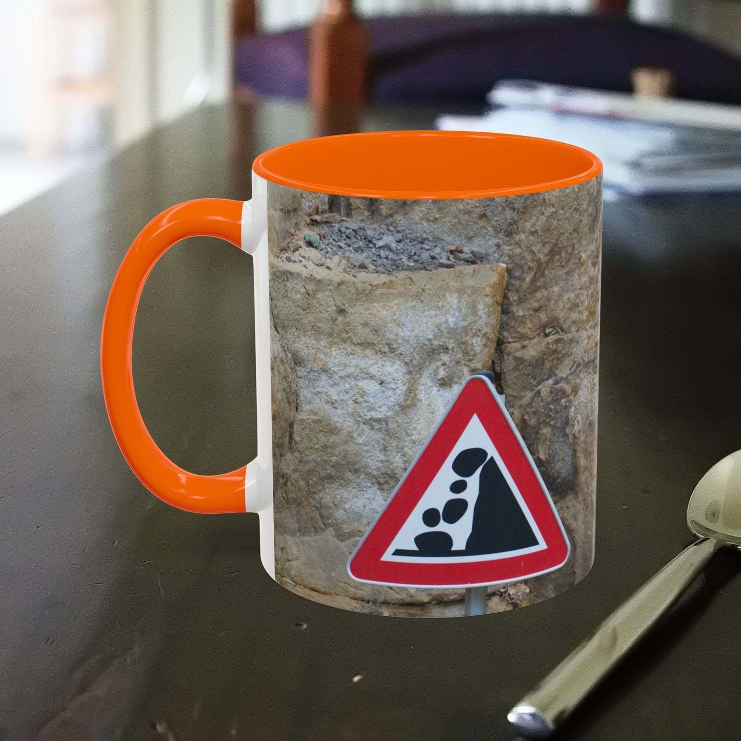 Rocky Mug with danger of falling rocks design for mountain lovers.