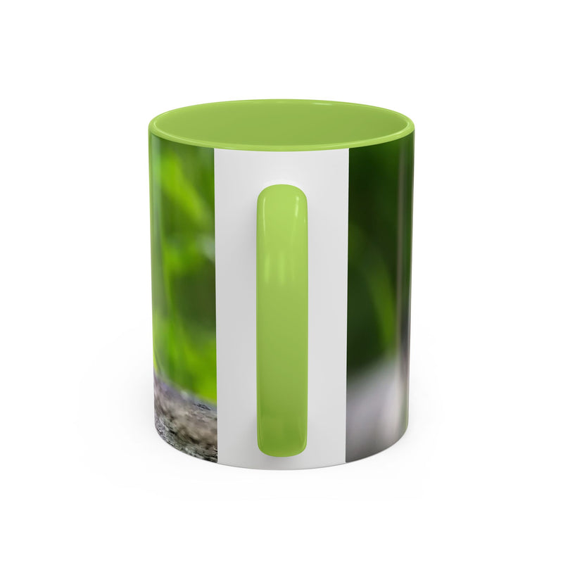Cozy 325ml coal tit photography mug designed with a light green handle and light green inside.