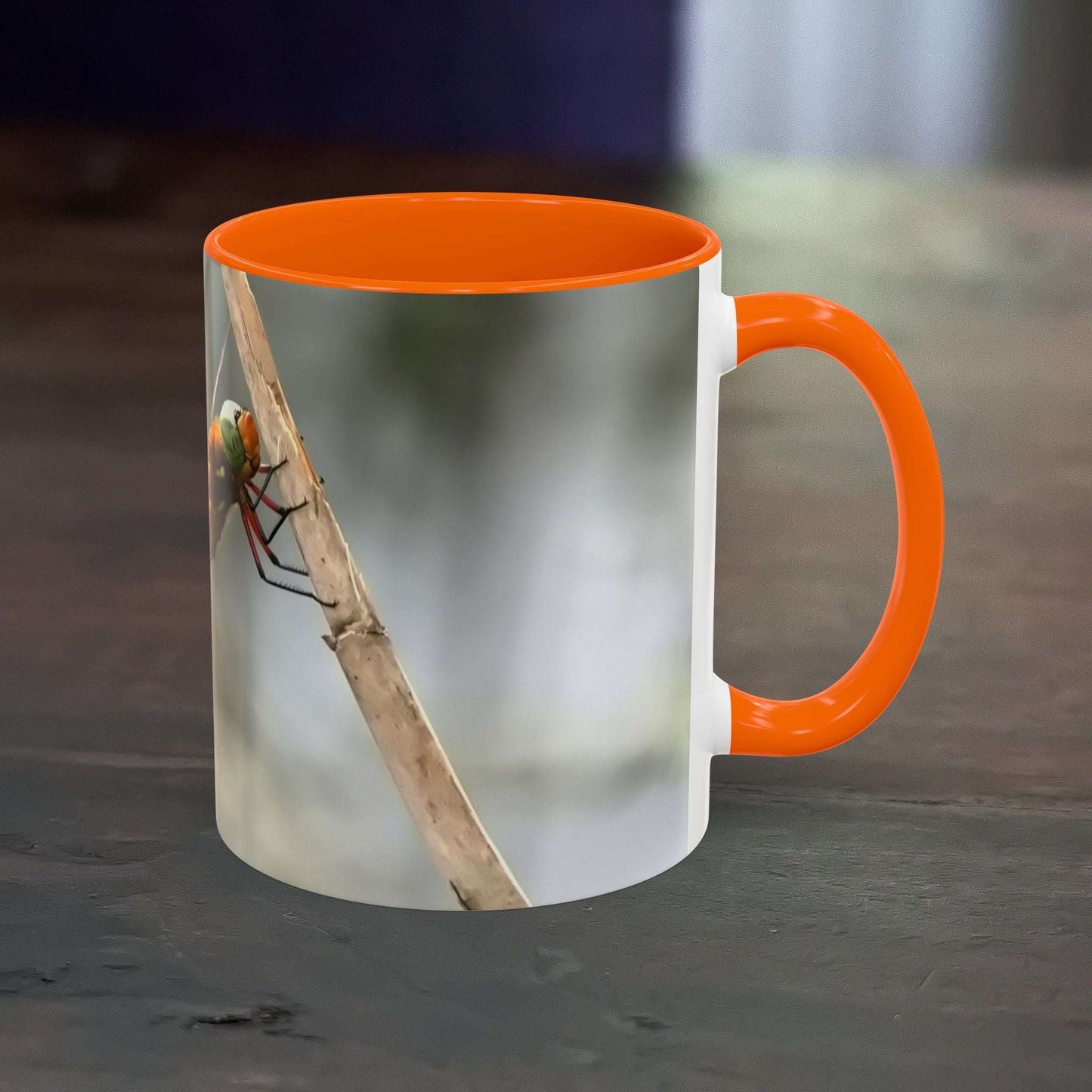 Vibrant dragonfly accent coffee mug with orange interior and handle.