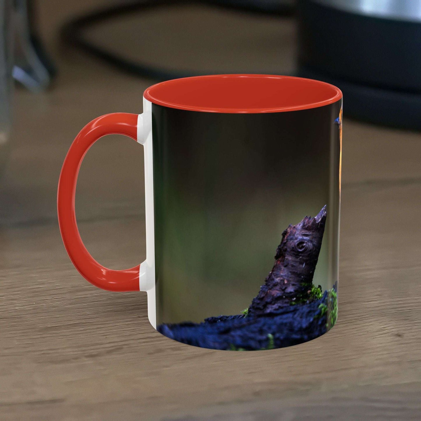 White ceramic 11oz Robin Mug with vibrant robin illustration.