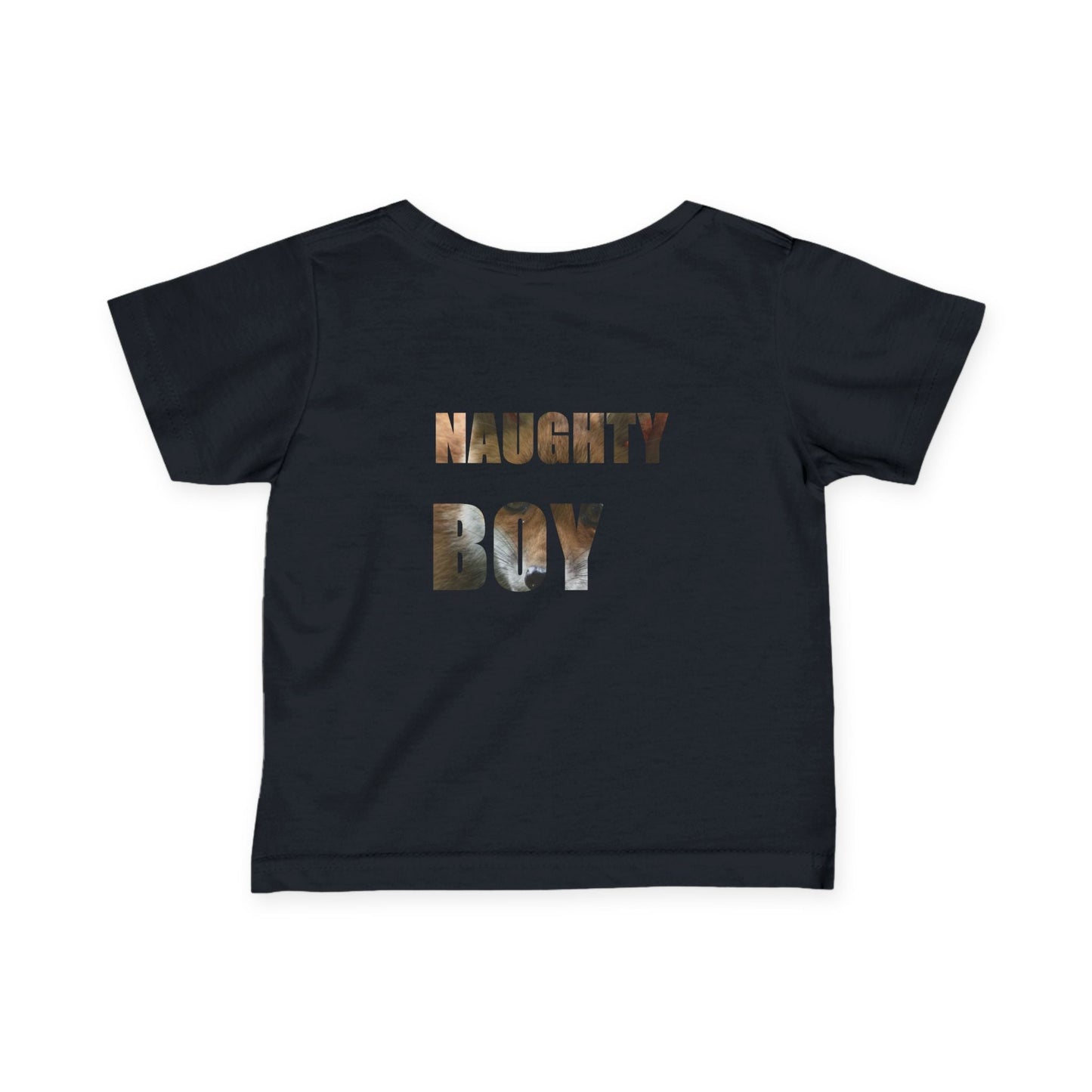 Navy blue infant tee with "Naughty Boy" text, soft cotton, perfect for playful toddlers.