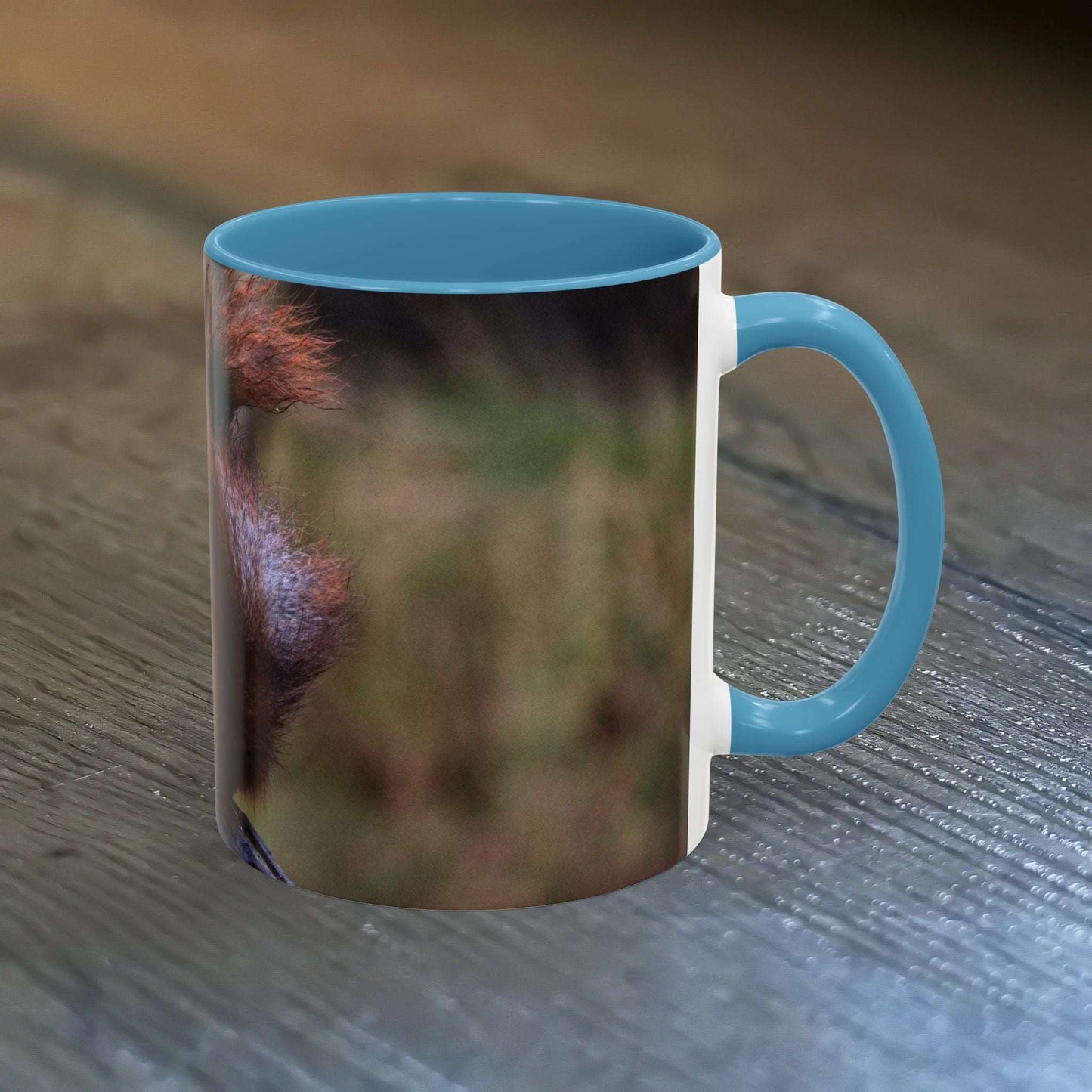 Adorable Squirrel Ceramic Mug with nature-inspired illustration on a wooden table.