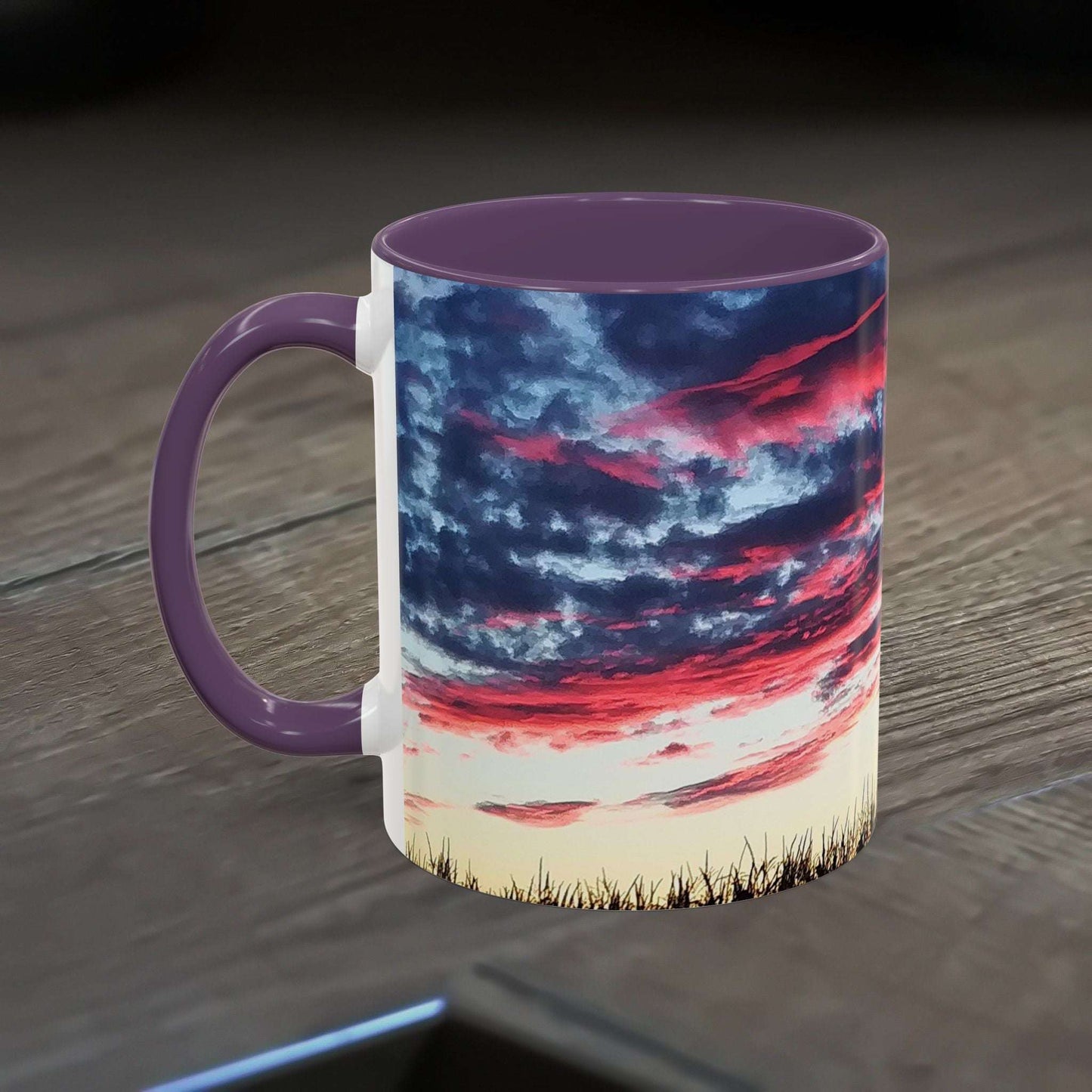 Vibrant 11oz Sunset Accent Coffee Mug with artistic design, perfect for nature lovers.
